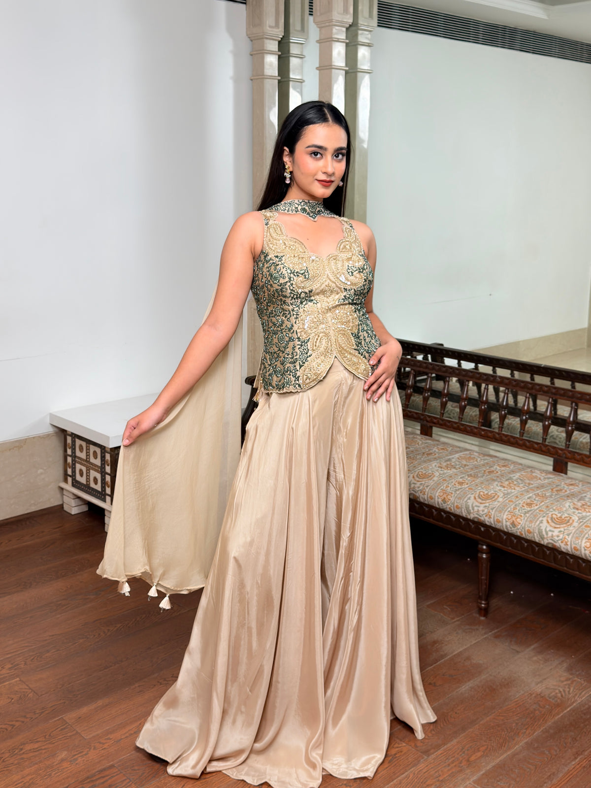 Elegant Beige Dupion Silk Palazzo Set with Emerald Paisley Embroidery & Organza Dupatta