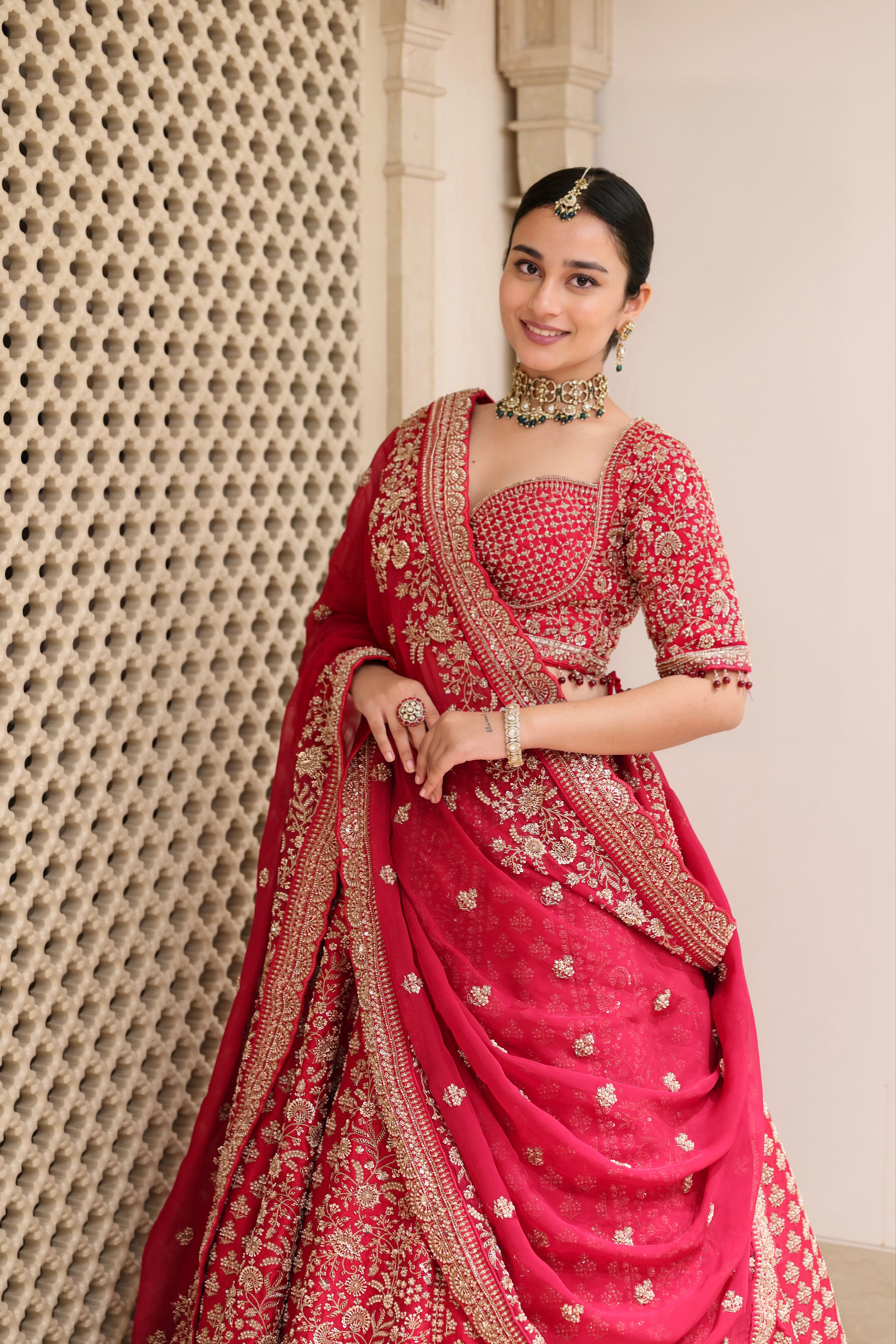 Crimson Radiance Heavy Embroidered Bridal Lehenga with Double Dupatta | Pre-Order
