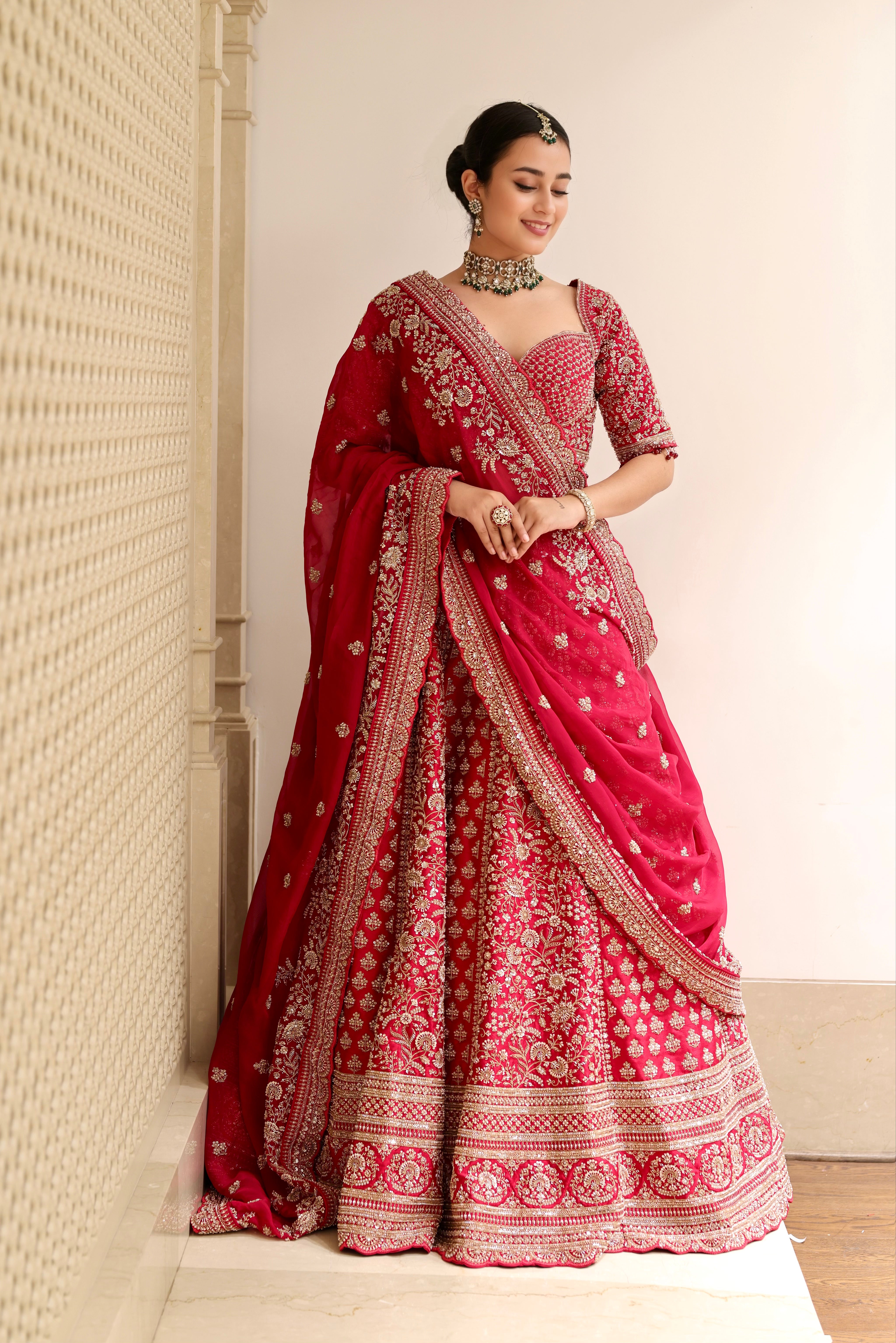Crimson Radiance Heavy Embroidered Bridal Lehenga with Double Dupatta | Pre-Order
