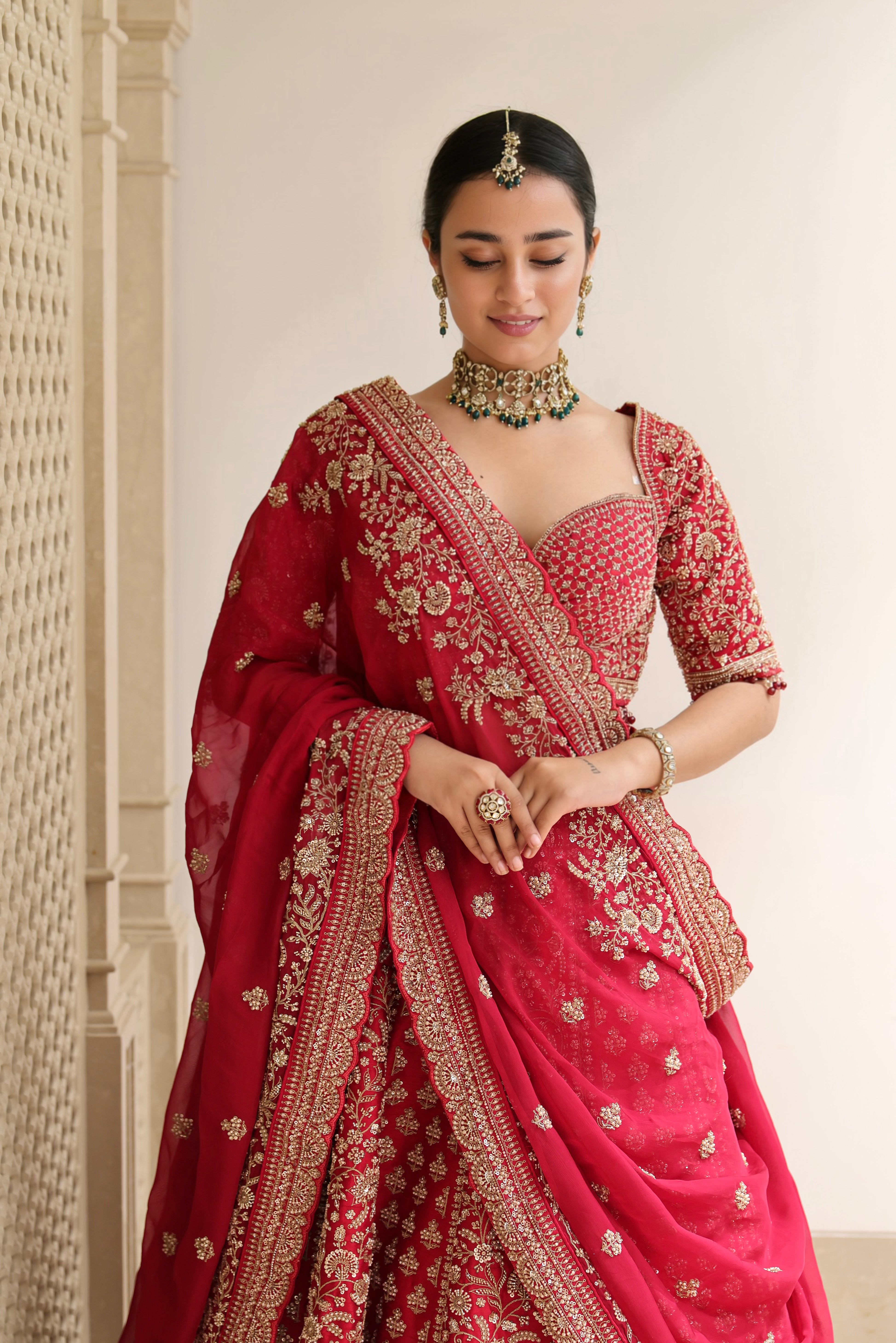 Crimson Radiance Heavy Embroidered Bridal Lehenga with Double Dupatta | Pre-Order