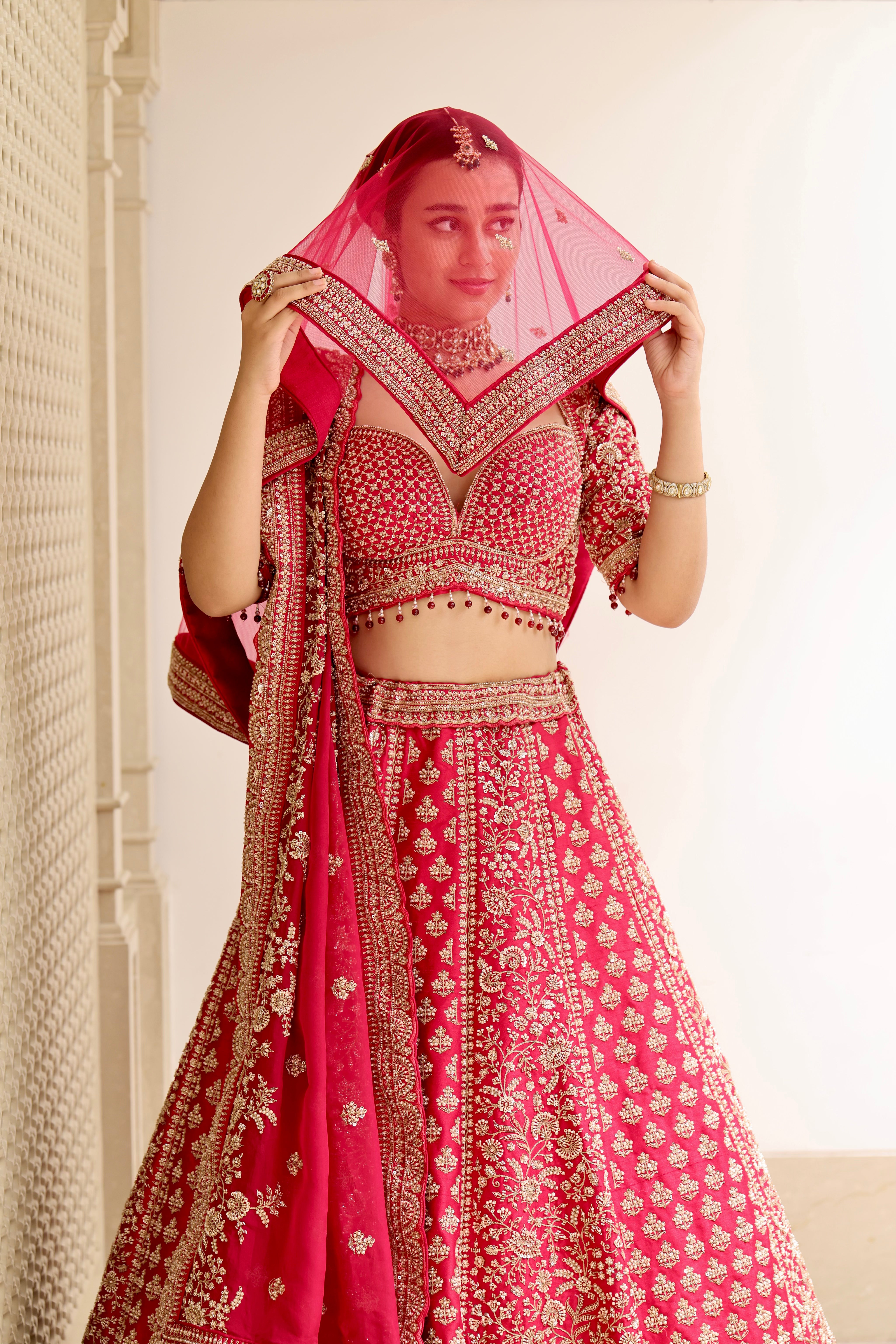 Crimson Radiance Heavy Embroidered Bridal Lehenga with Double Dupatta | Pre-Order