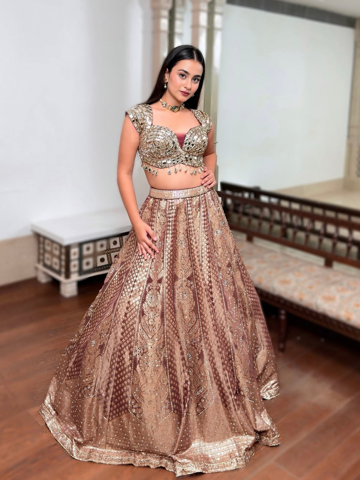 Dusky Wine Banarasi Tissue Lehenga with Mirror Work Blouse