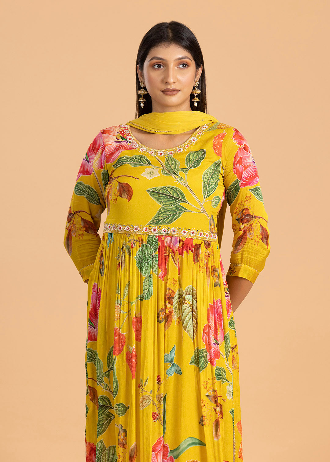 Yellow Floral Print Suit in Chinon Fabric