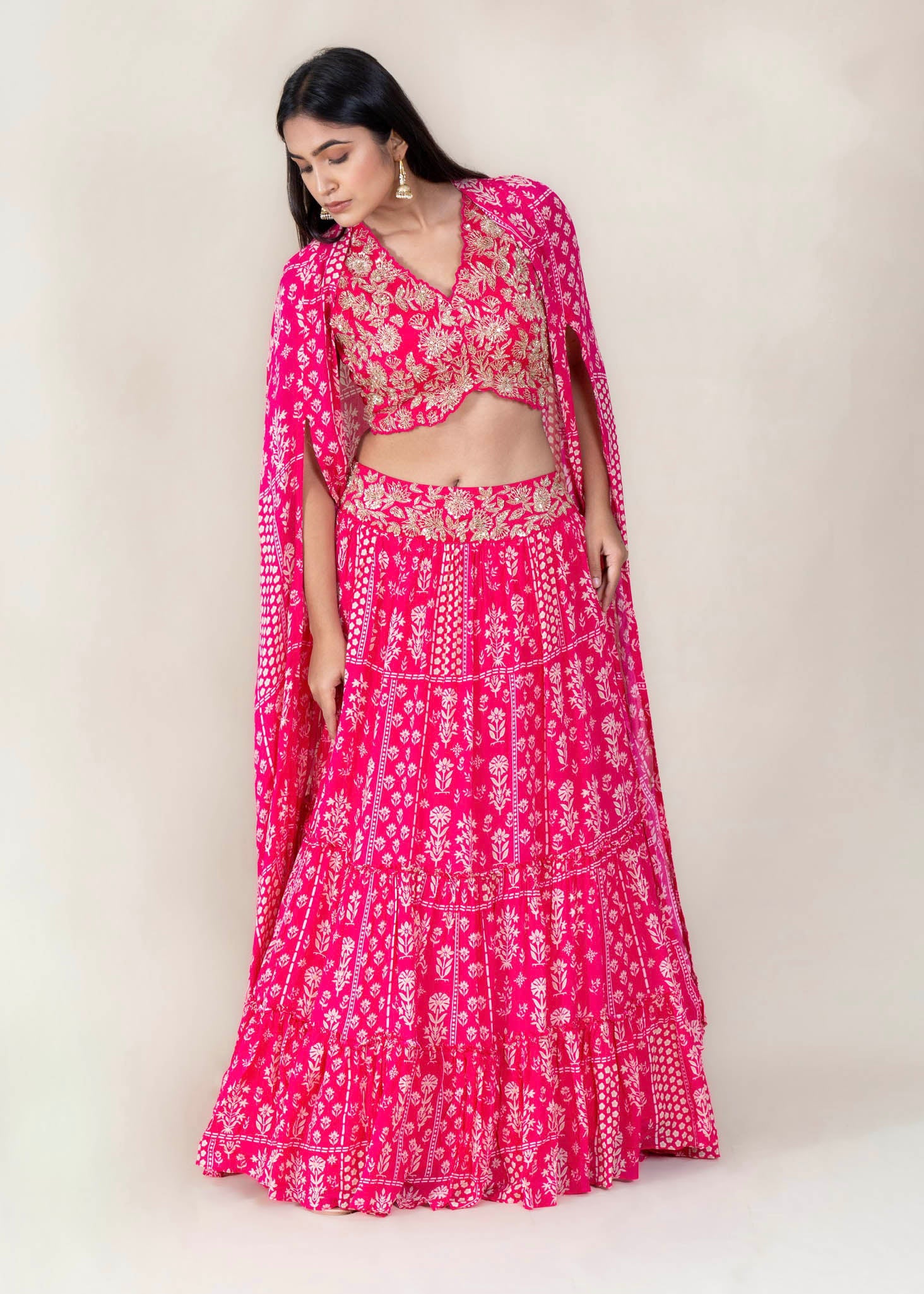 Rani Pink Printed Cape Lehenga with Designer Blouse