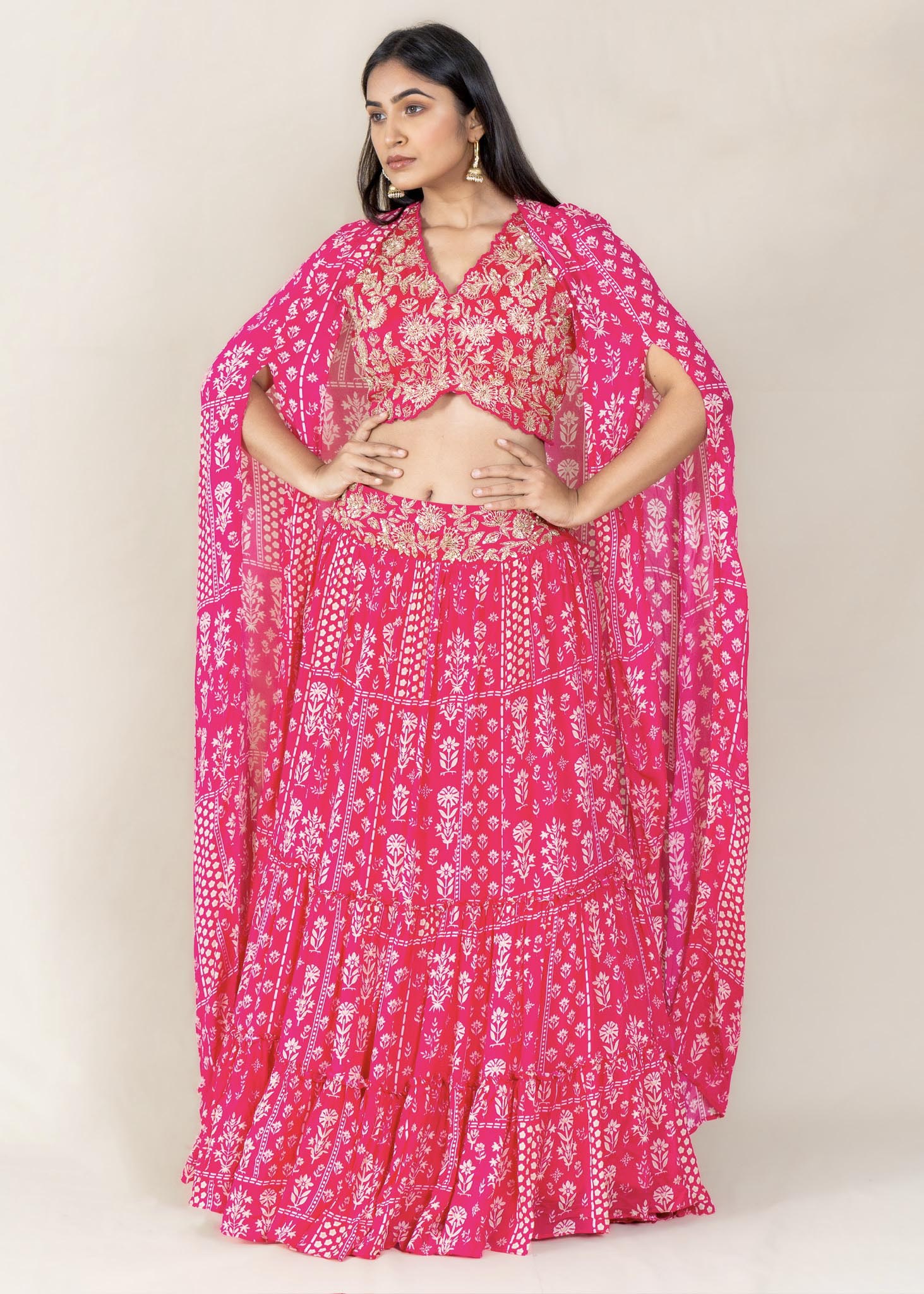 Rani Pink Printed Cape Lehenga with Designer Blouse