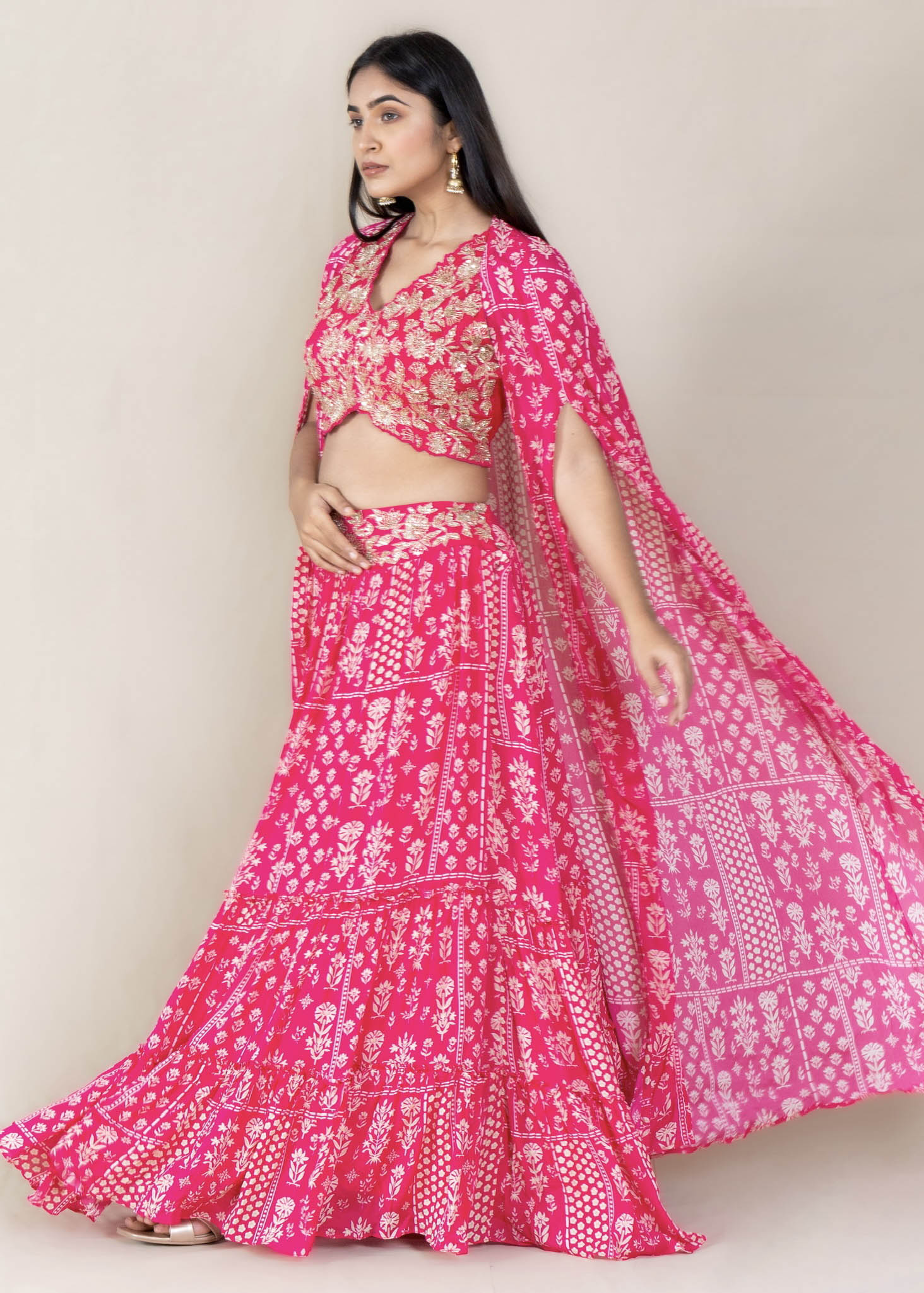 Rani Pink Printed Cape Lehenga with Designer Blouse