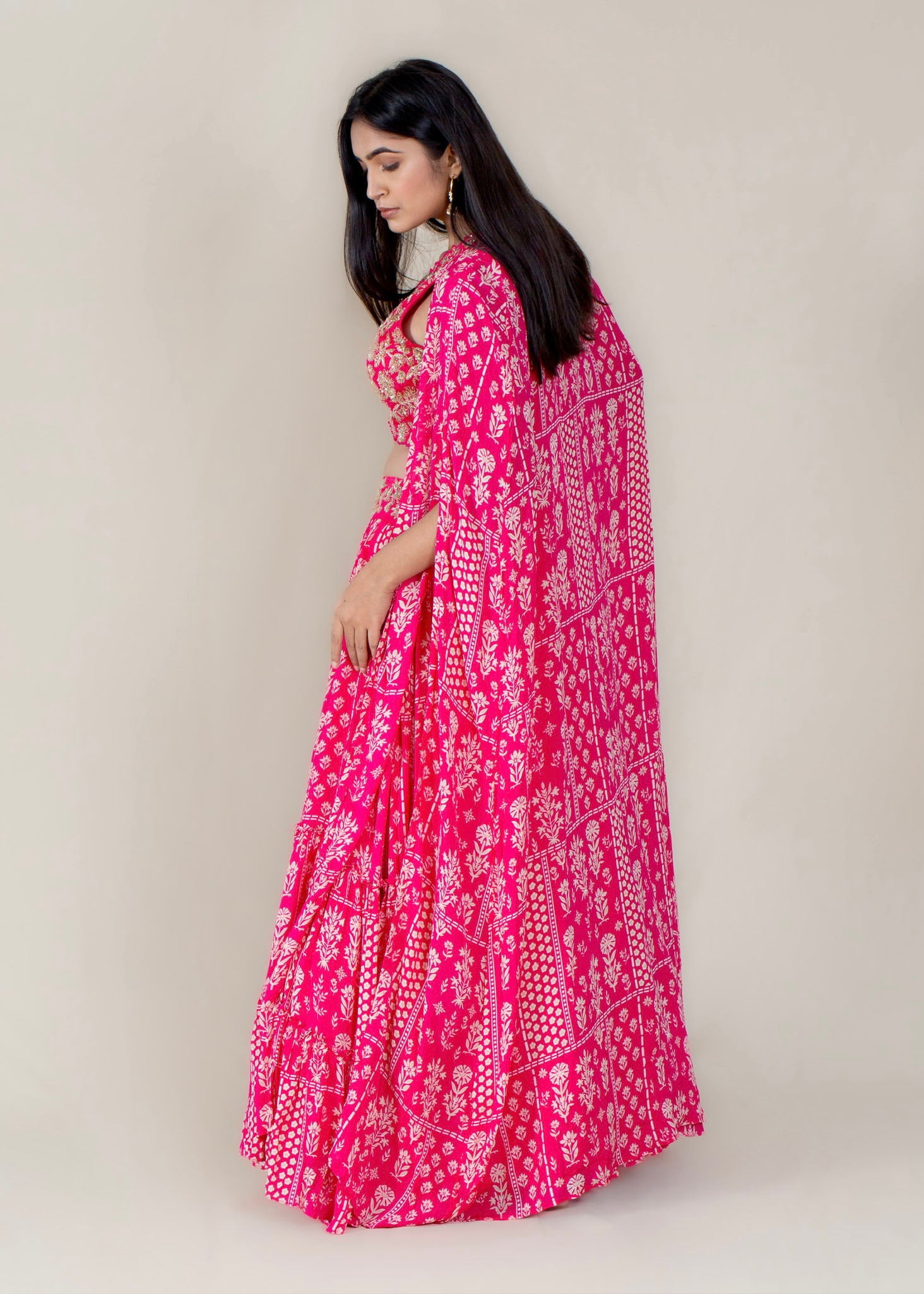 Rani Pink Printed Cape Lehenga with Designer Blouse