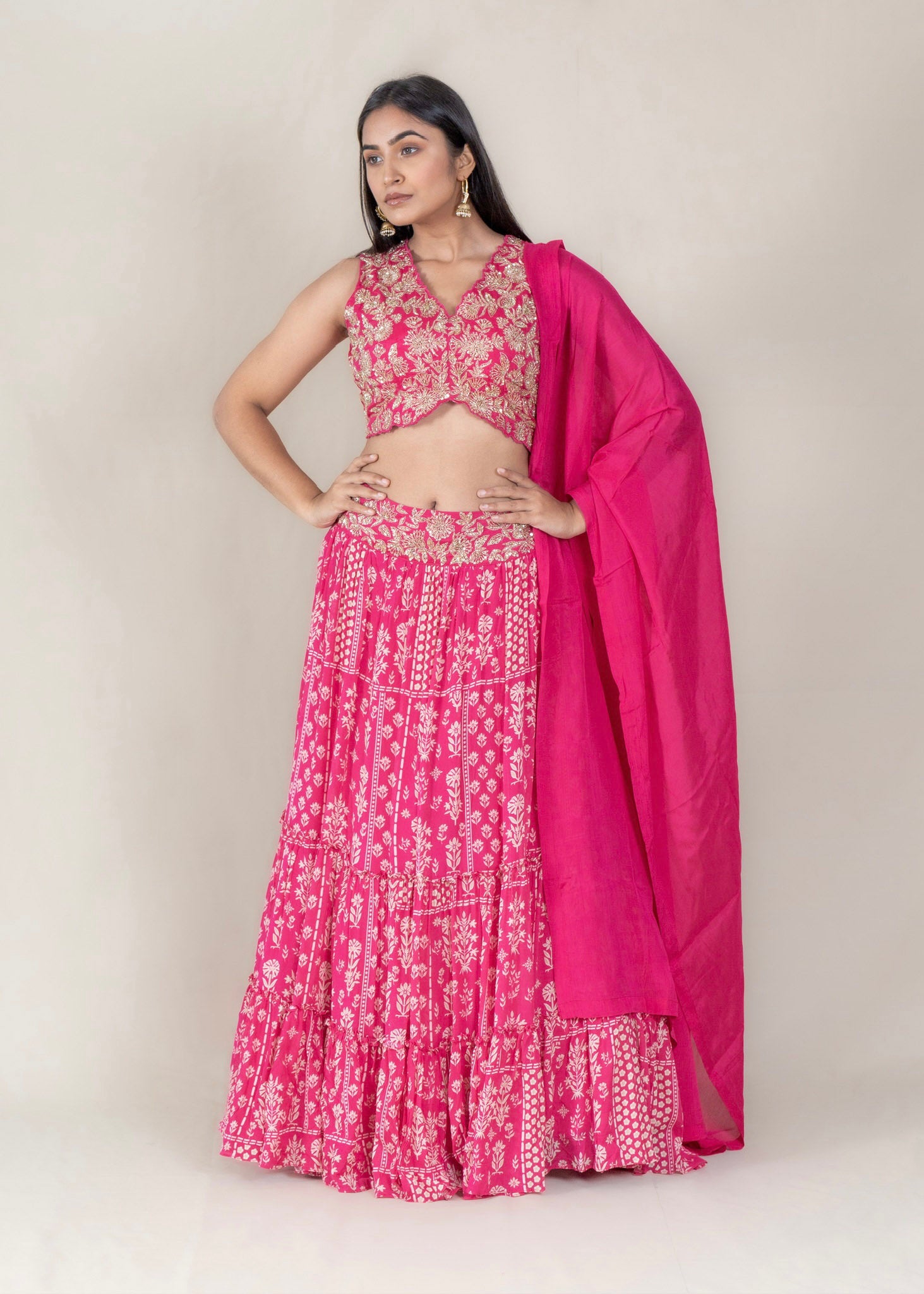 Rani Pink Printed Cape Lehenga with Designer Blouse