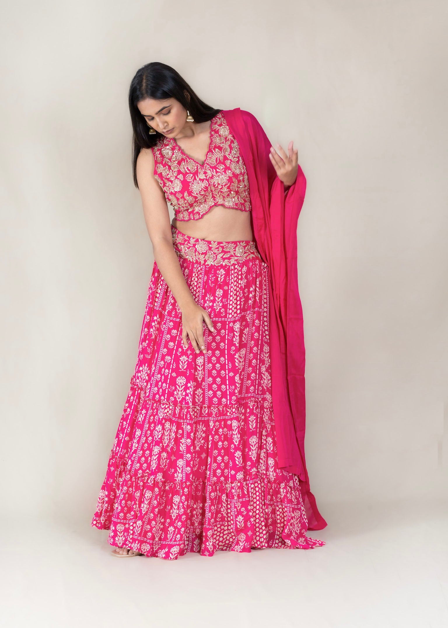 Rani Pink Printed Cape Lehenga with Designer Blouse