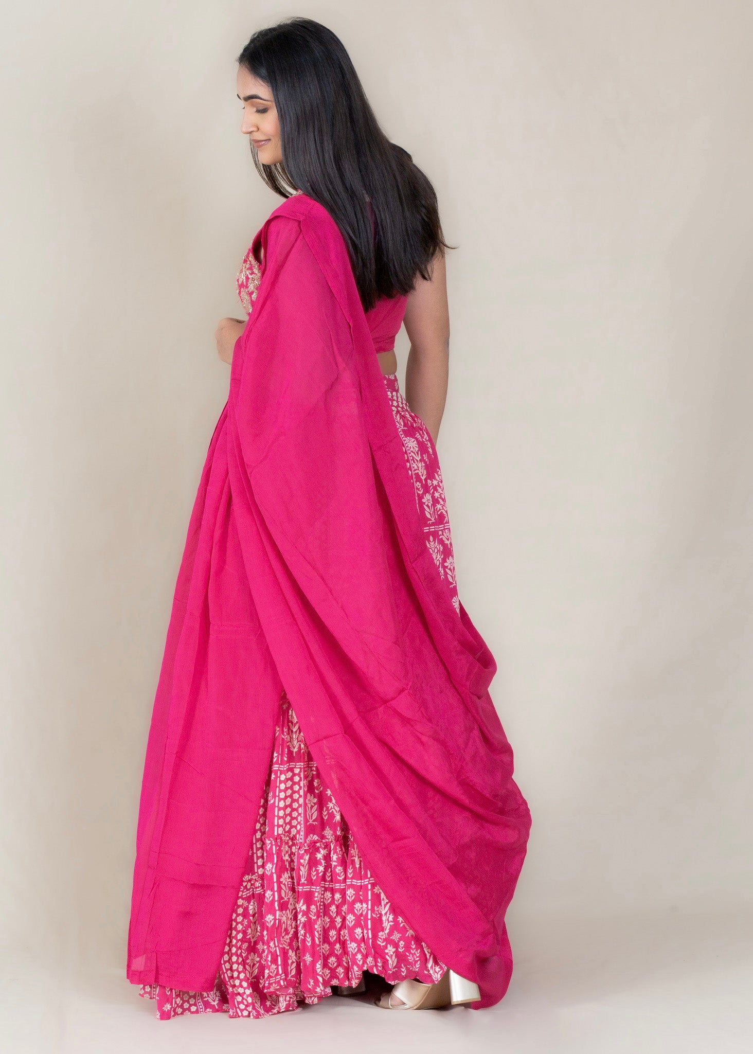 Rani Pink Printed Cape Lehenga with Designer Blouse