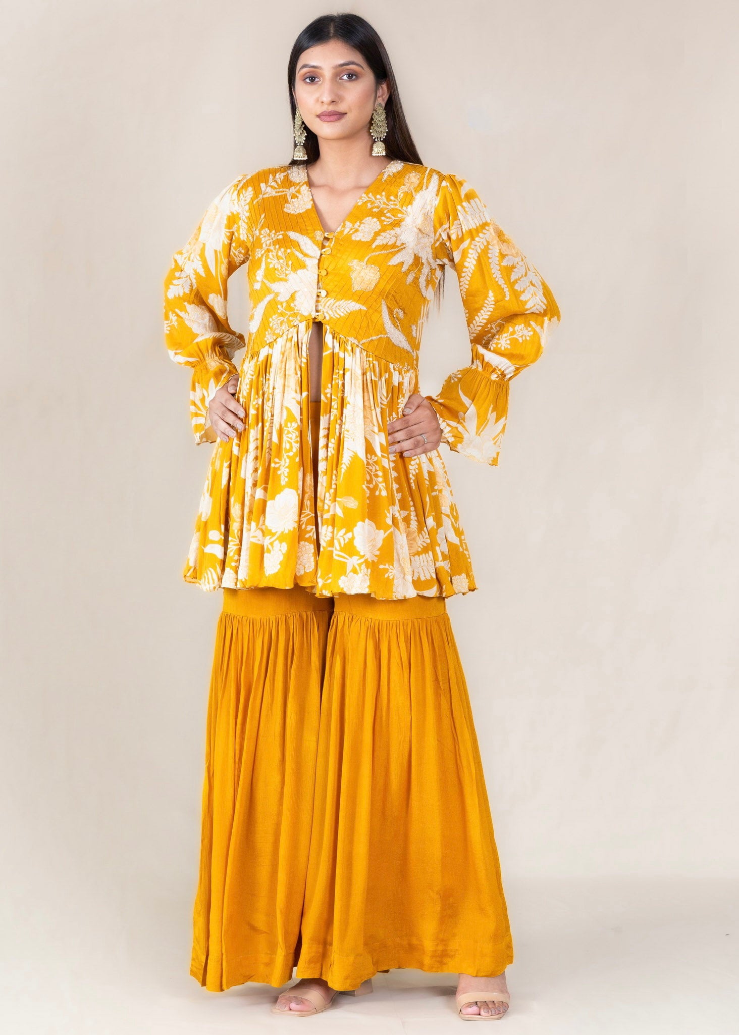 Yellow Printed Sharara Set in Chinon Fabric