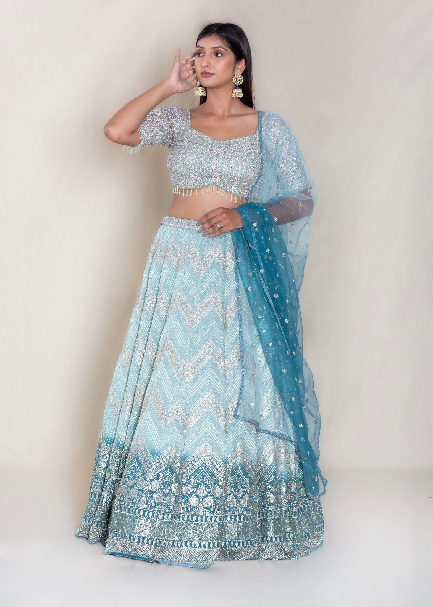 Pastel Blue Ombre Designer Net Readymade Lehenga