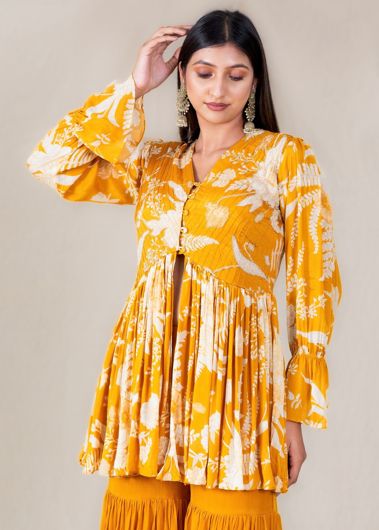 Yellow Printed Sharara Set in Chinon Fabric