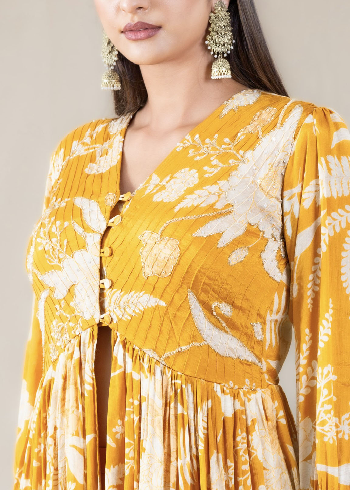 Yellow Printed Sharara Set in Chinon Fabric