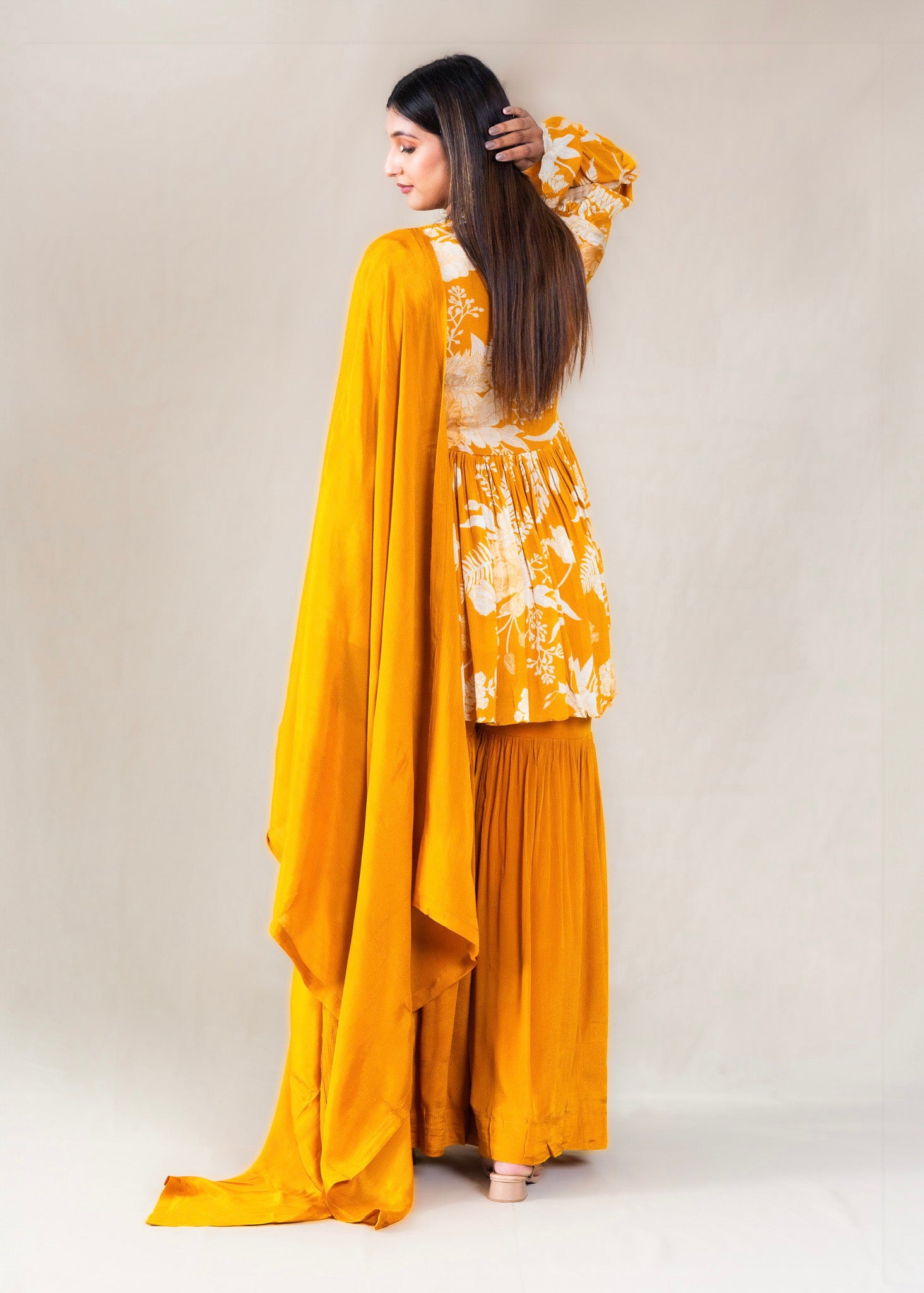 Yellow Printed Sharara Set in Chinon Fabric