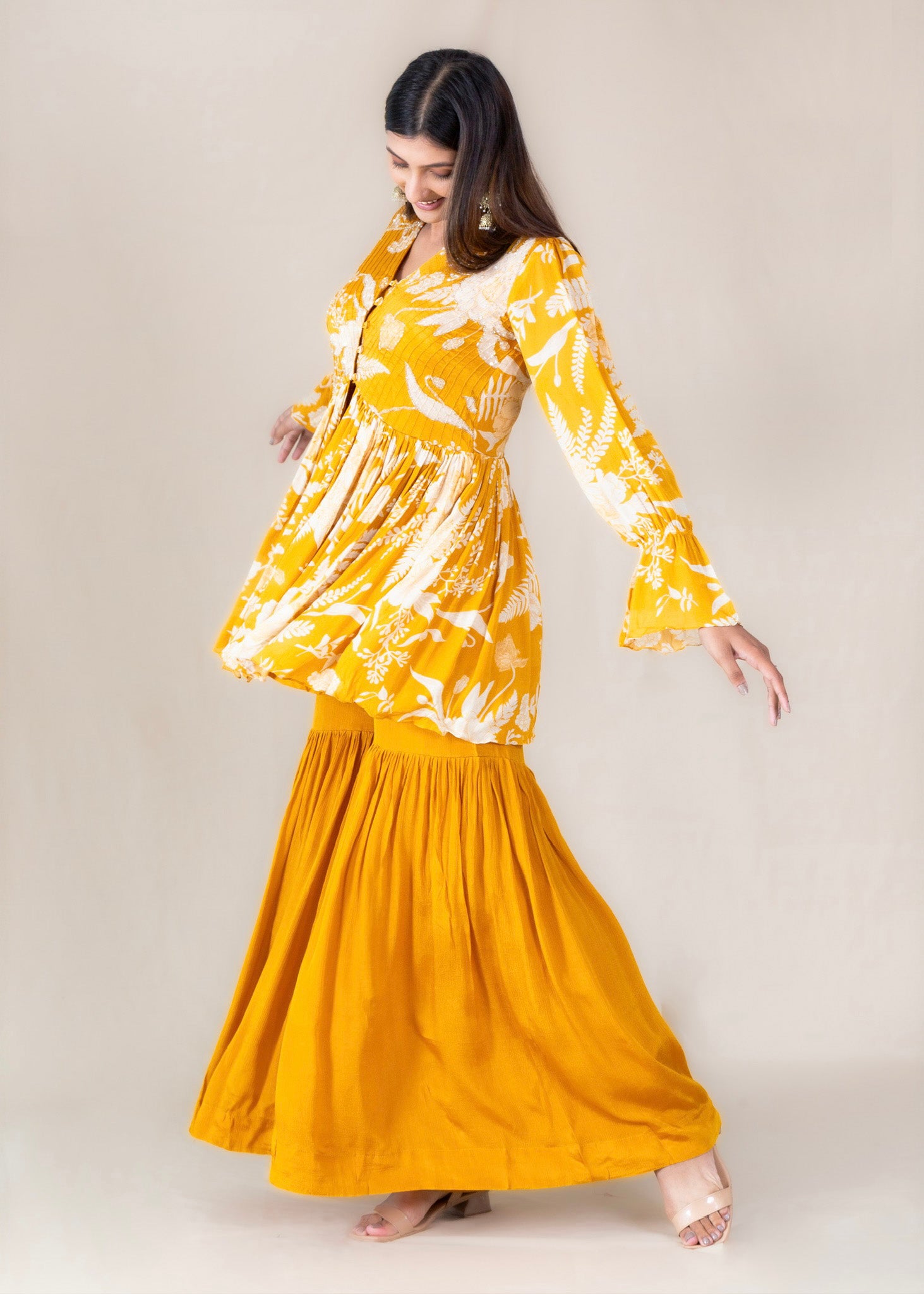 Yellow Printed Sharara Set in Chinon Fabric