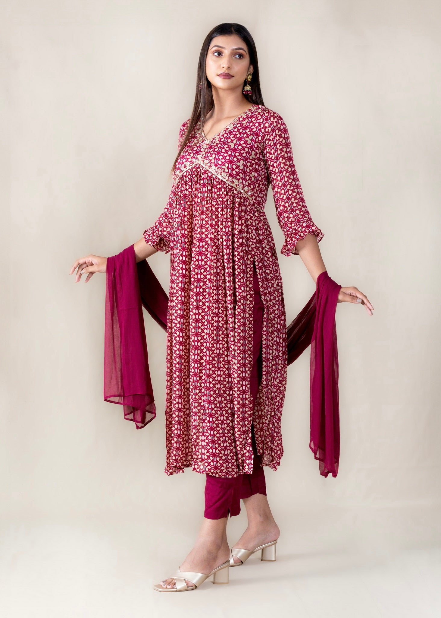 Maroon Chinon Kurta with Pant and Dupatta