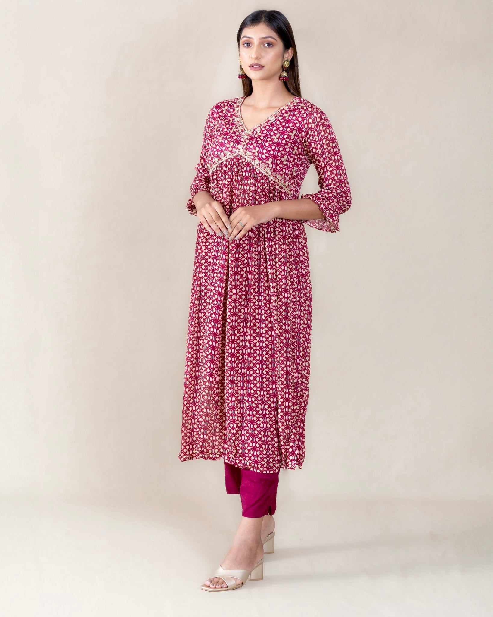 Maroon Chinon Kurta with Pant and Dupatta