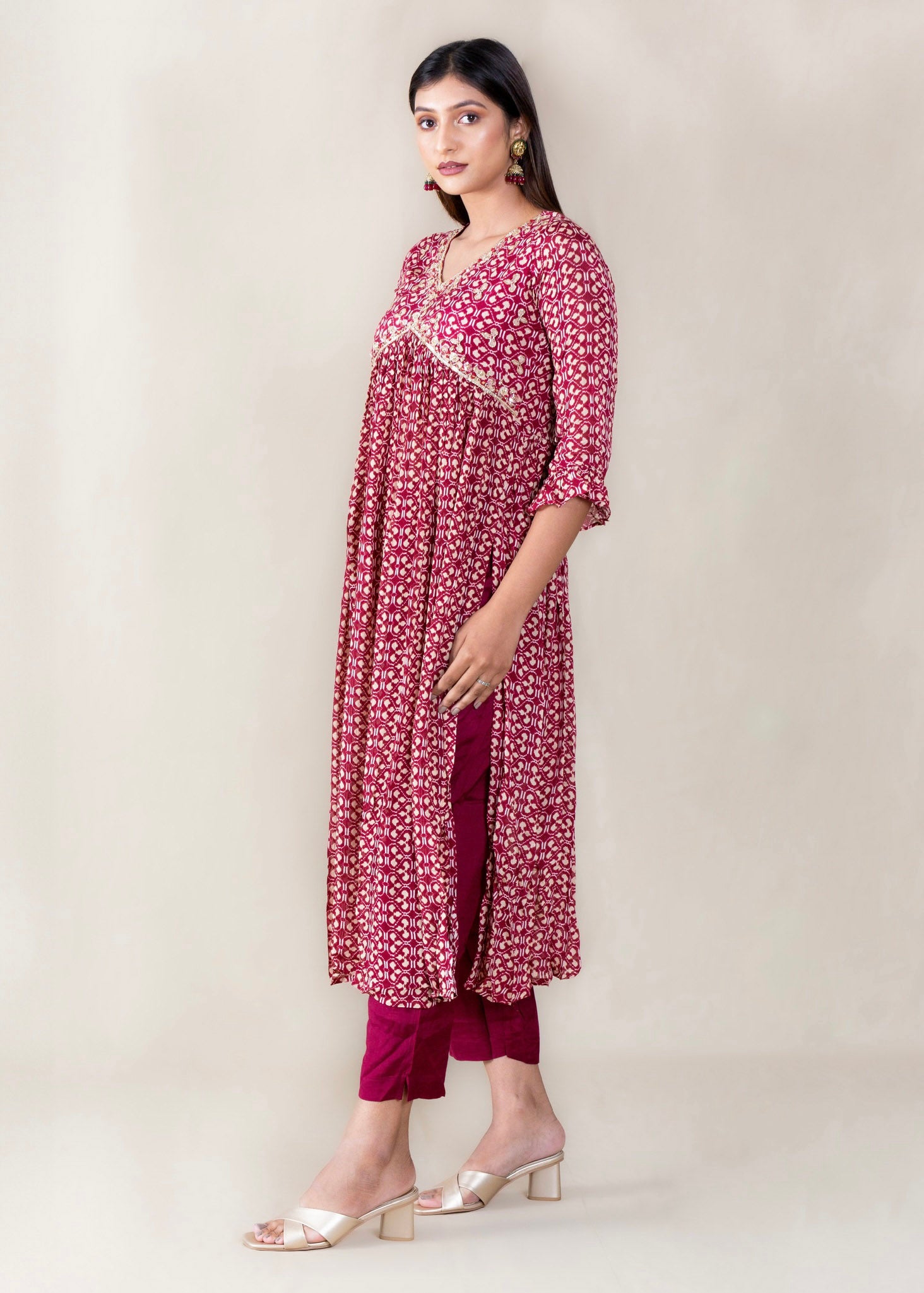 Maroon Chinon Kurta with Pant and Dupatta