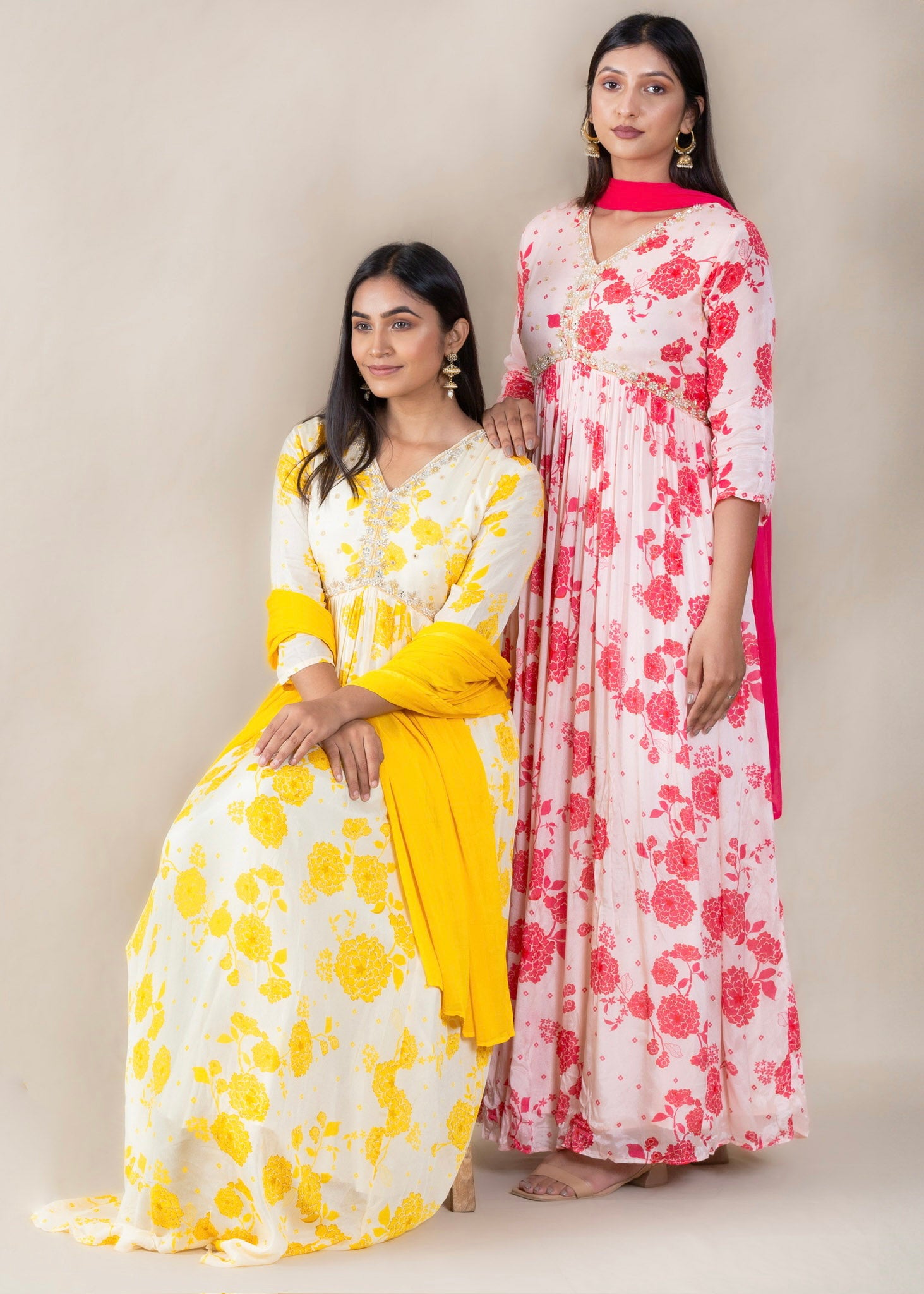 Lemon Yellow & White Chinon Anarkali Gown