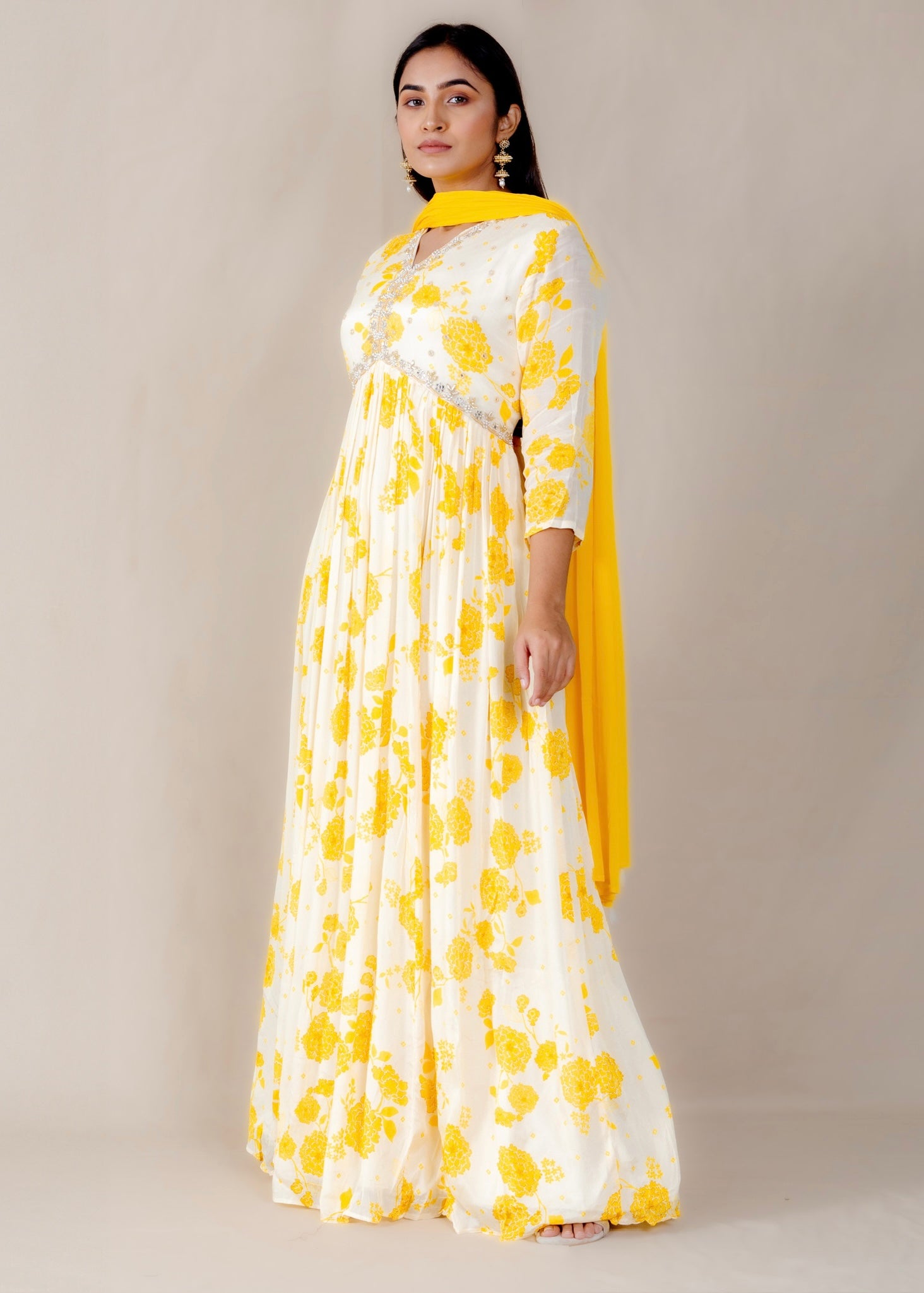 Lemon Yellow & White Chinon Anarkali Gown