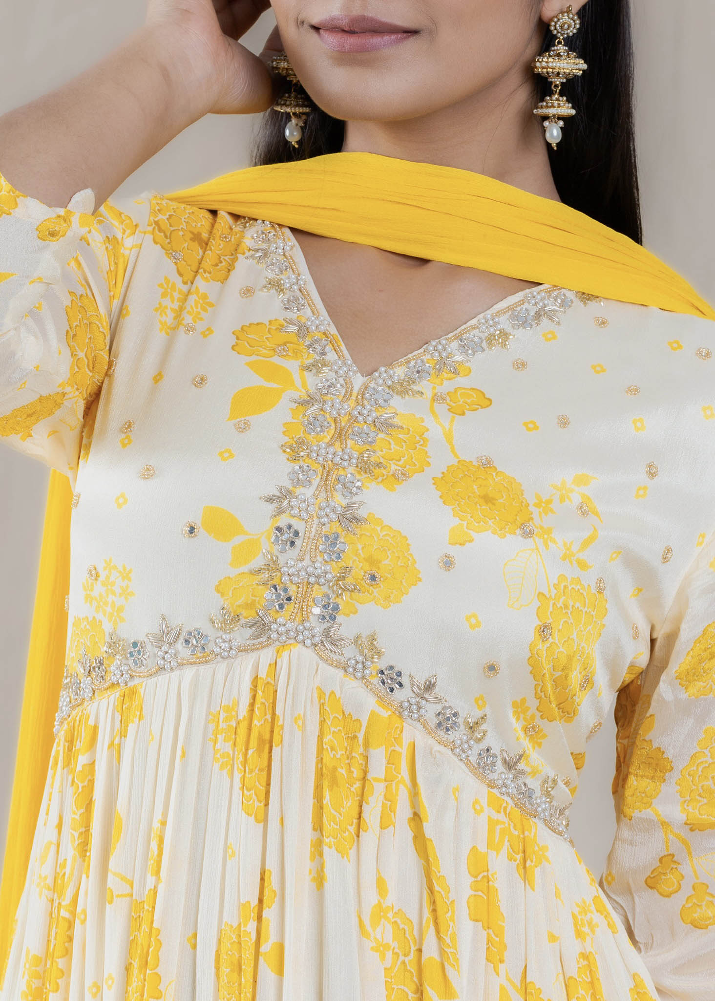 Lemon Yellow & White Chinon Anarkali Gown