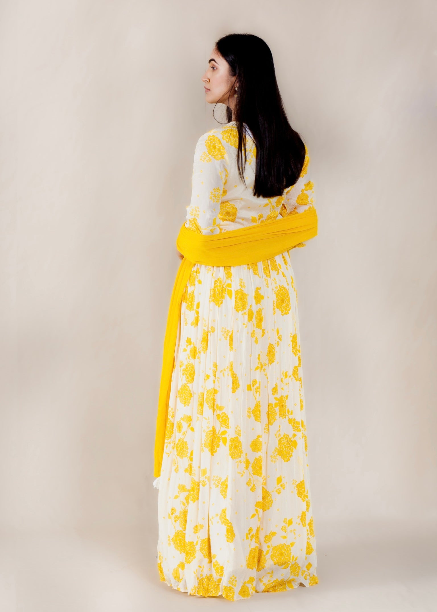 Lemon Yellow & White Chinon Anarkali Gown