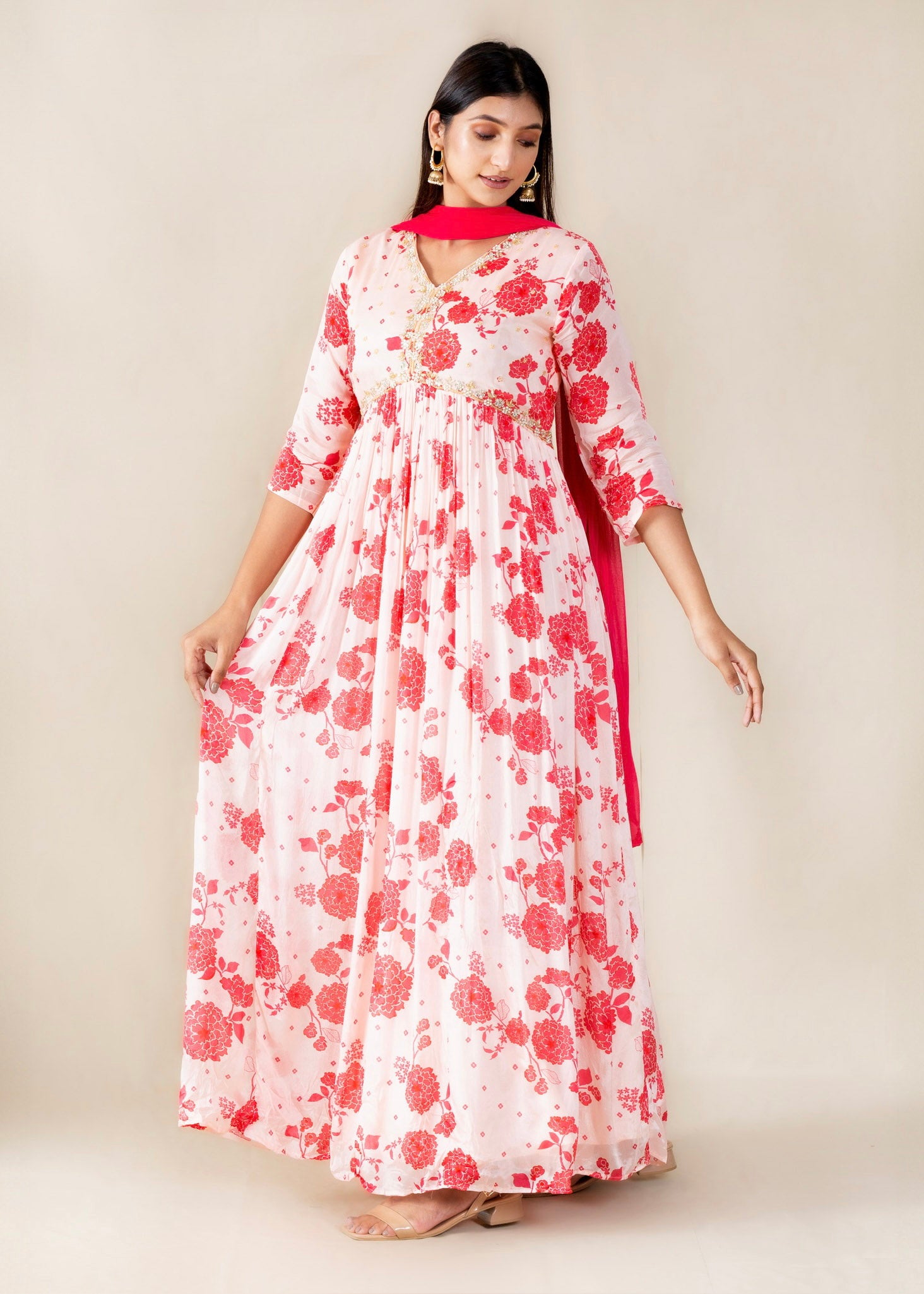 Peach Pink Chinon Anarkali Gown