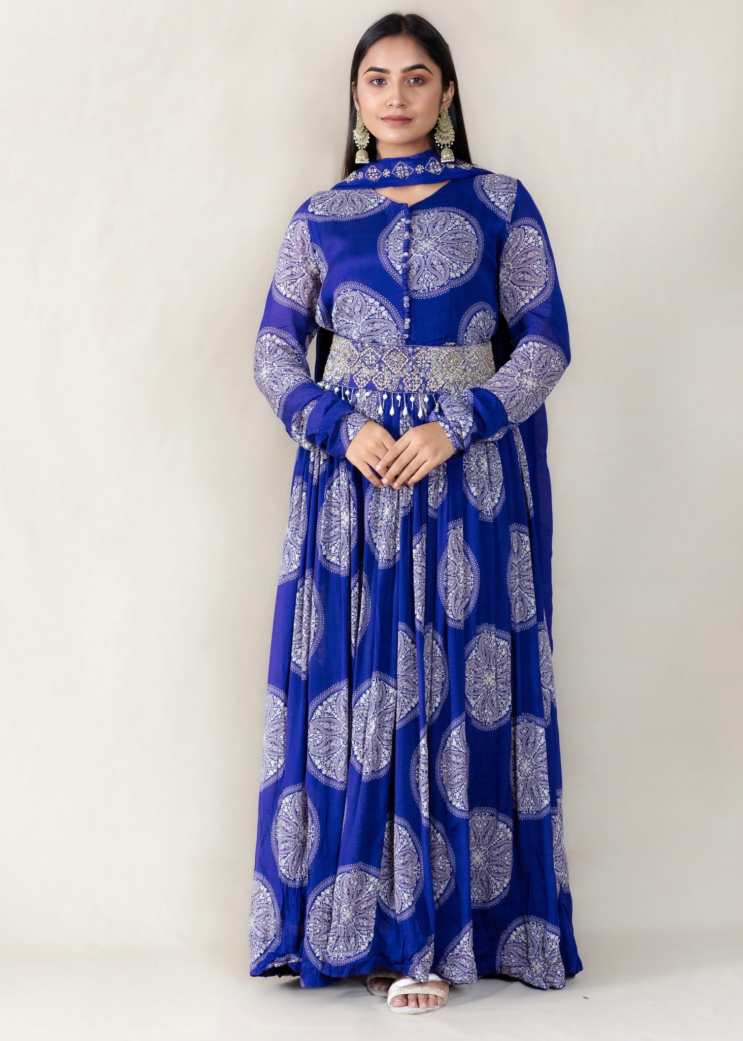 Violet Anarkali Gown with Belt in Crepe Chinon