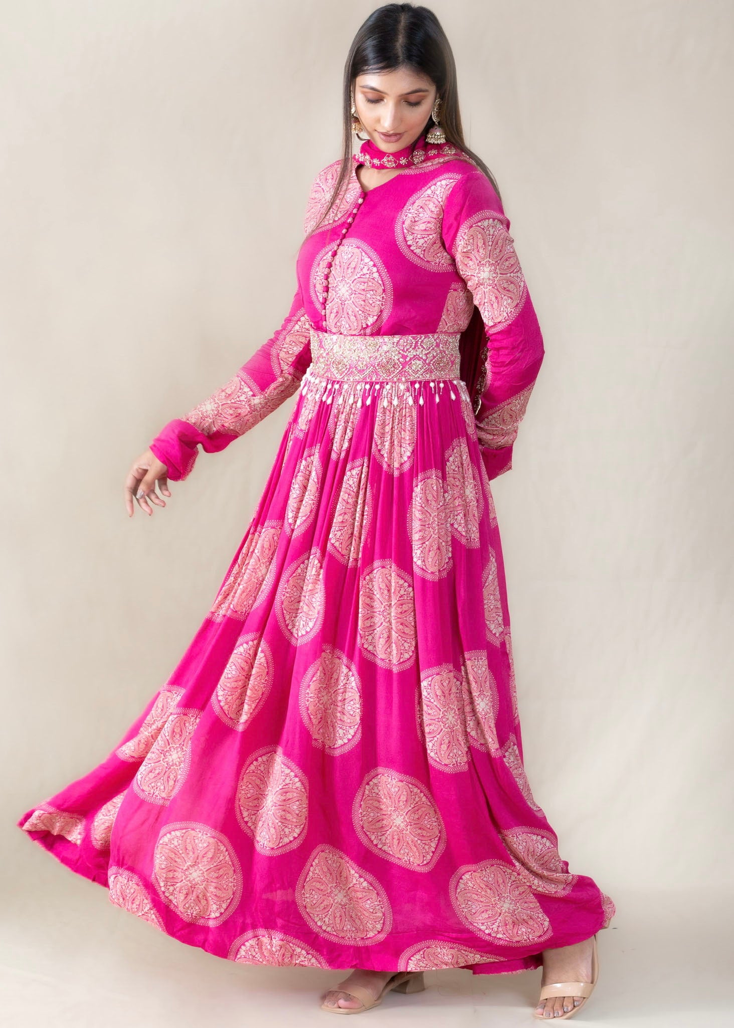 Hot Pink Anarkali Gown with Belt in Crepe Chinon