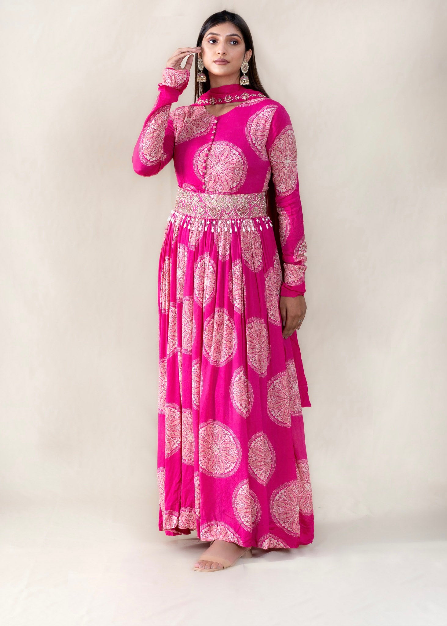 Hot Pink Anarkali Gown with Belt in Crepe Chinon