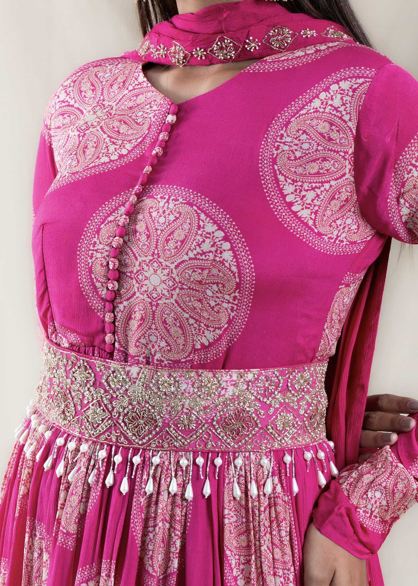 Hot Pink Anarkali Gown with Belt in Crepe Chinon