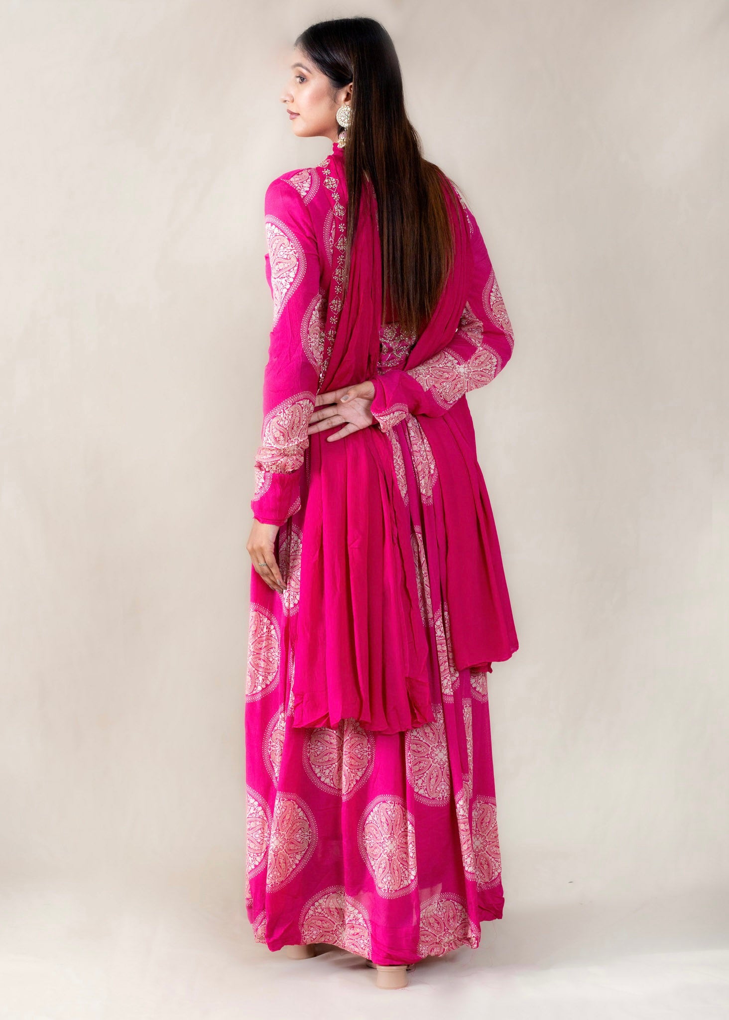 Hot Pink Anarkali Gown with Belt in Crepe Chinon