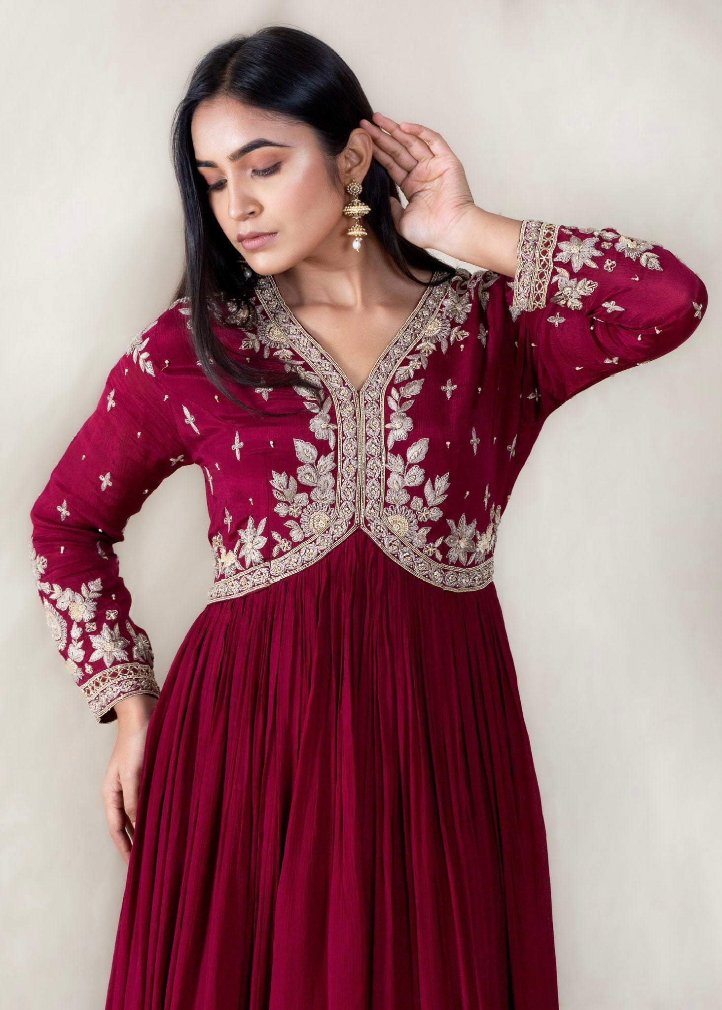 Maroon Anarkali Gown in Crepe Chinon