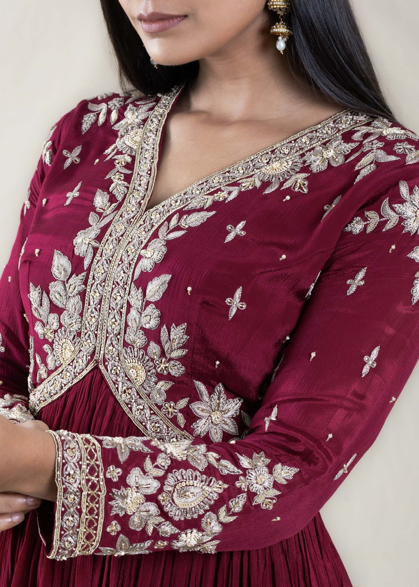 Maroon Anarkali Gown in Crepe Chinon