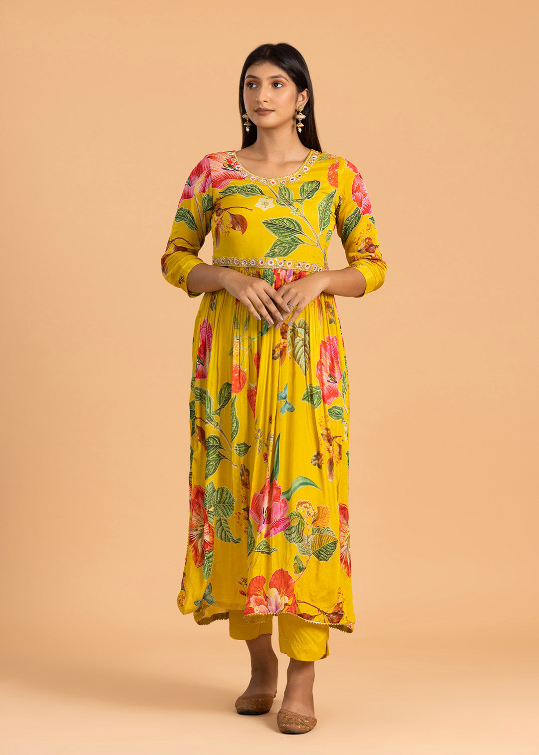 Yellow Floral Print Suit in Chinon Fabric