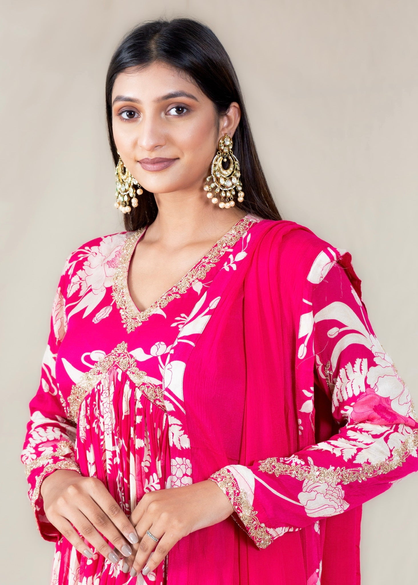 Pink Printed Crepe Chinon Long Dress with Dupatta