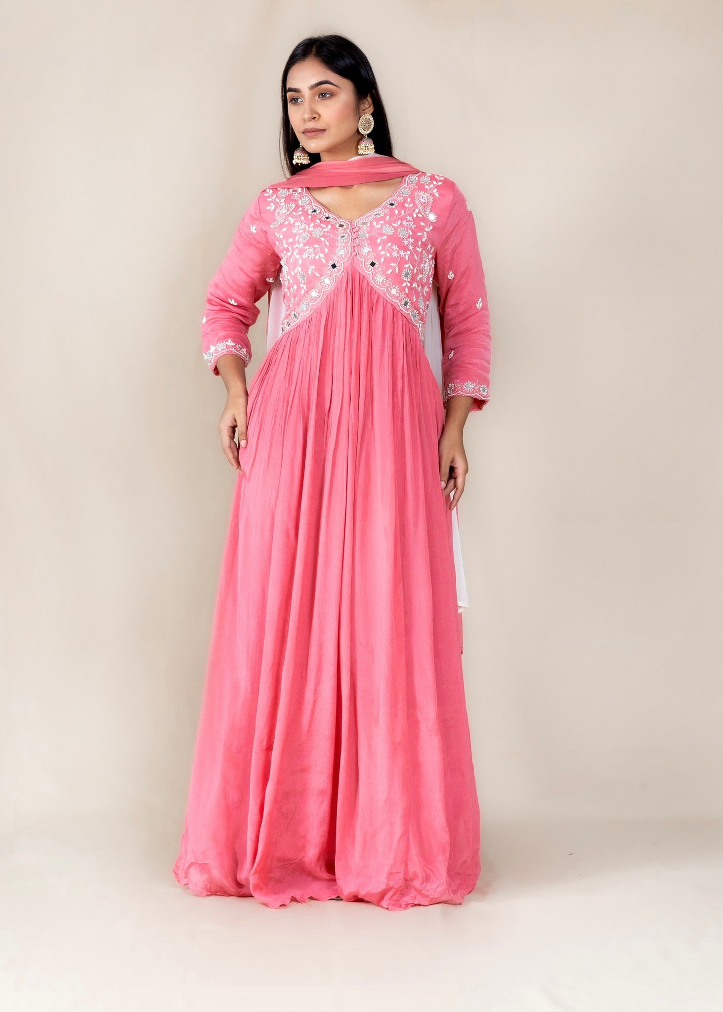 Pink Embroidered Anarkali Gown Suit in Chinon Fabric