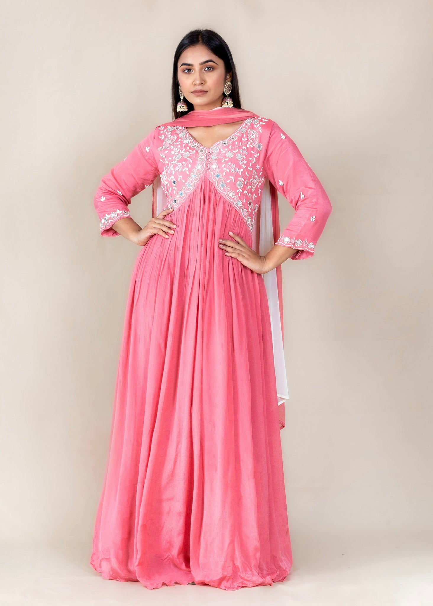 Pink Embroidered Anarkali Gown Suit in Chinon Fabric