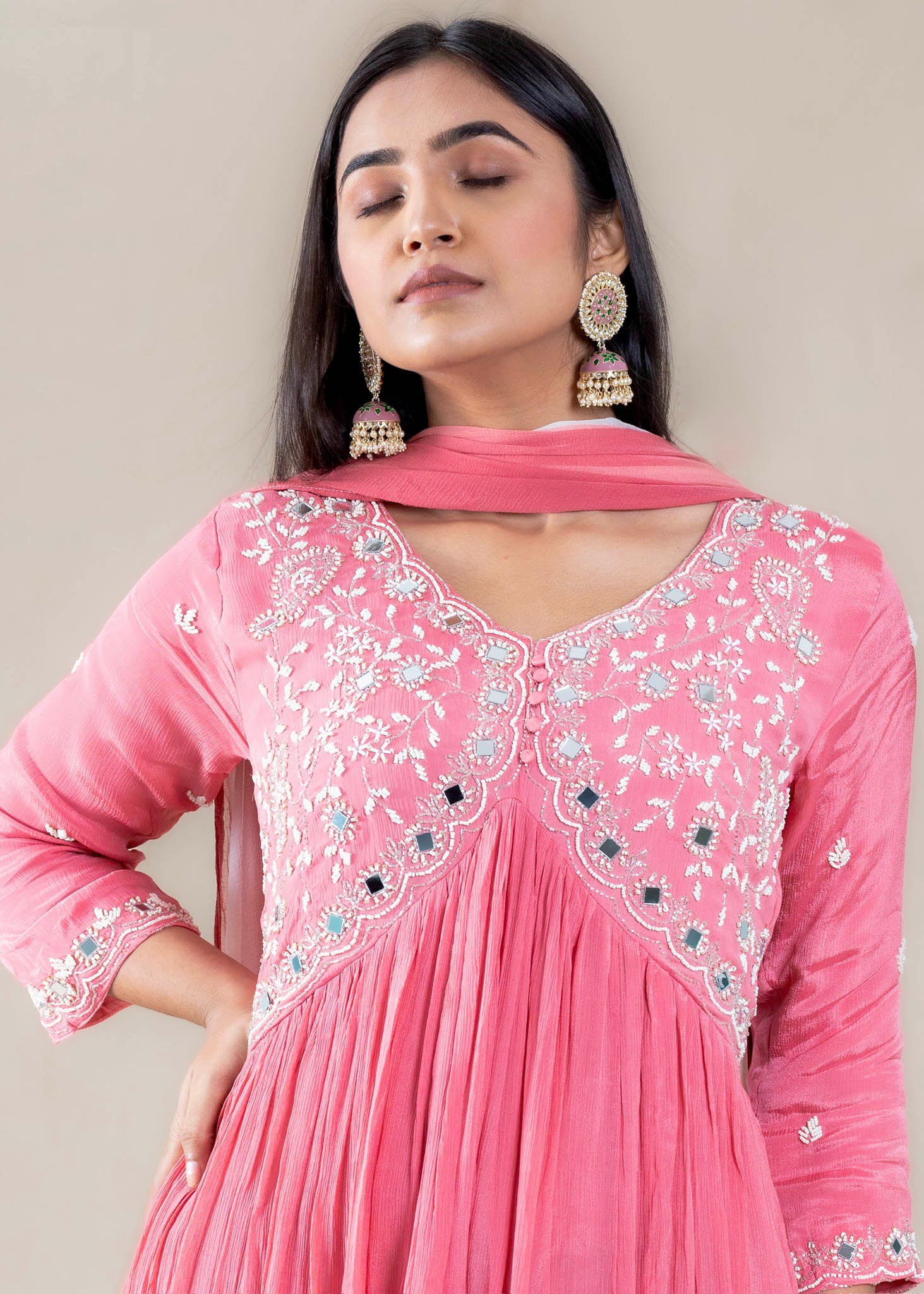 Pink Embroidered Anarkali Gown Suit in Chinon Fabric