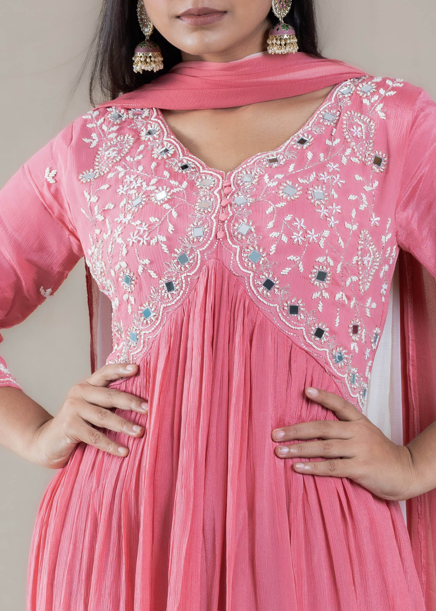 Pink Embroidered Anarkali Gown Suit in Chinon Fabric