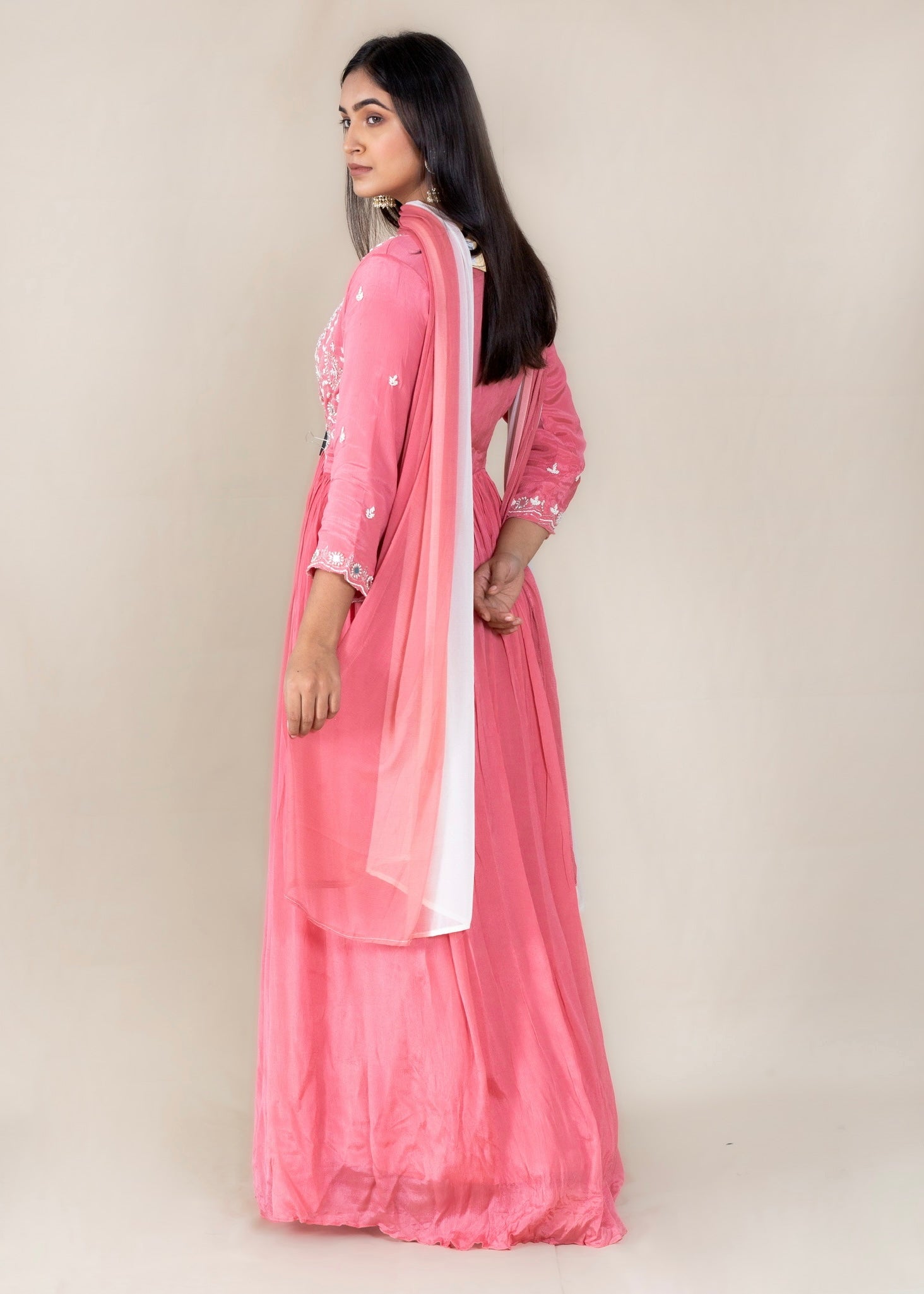 Pink Embroidered Anarkali Gown Suit in Chinon Fabric