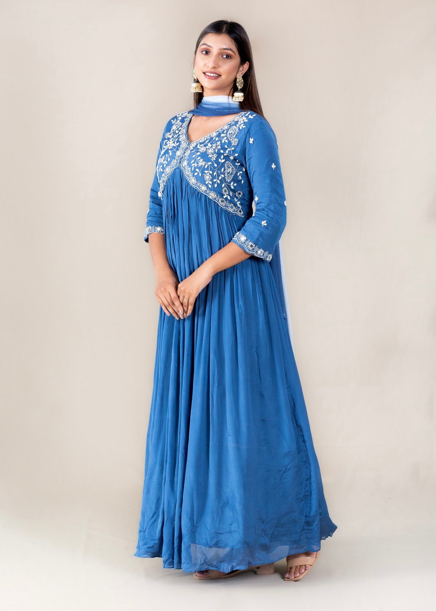 Blue Embroidered Anarkali Gown Suit in Chinon Fabric