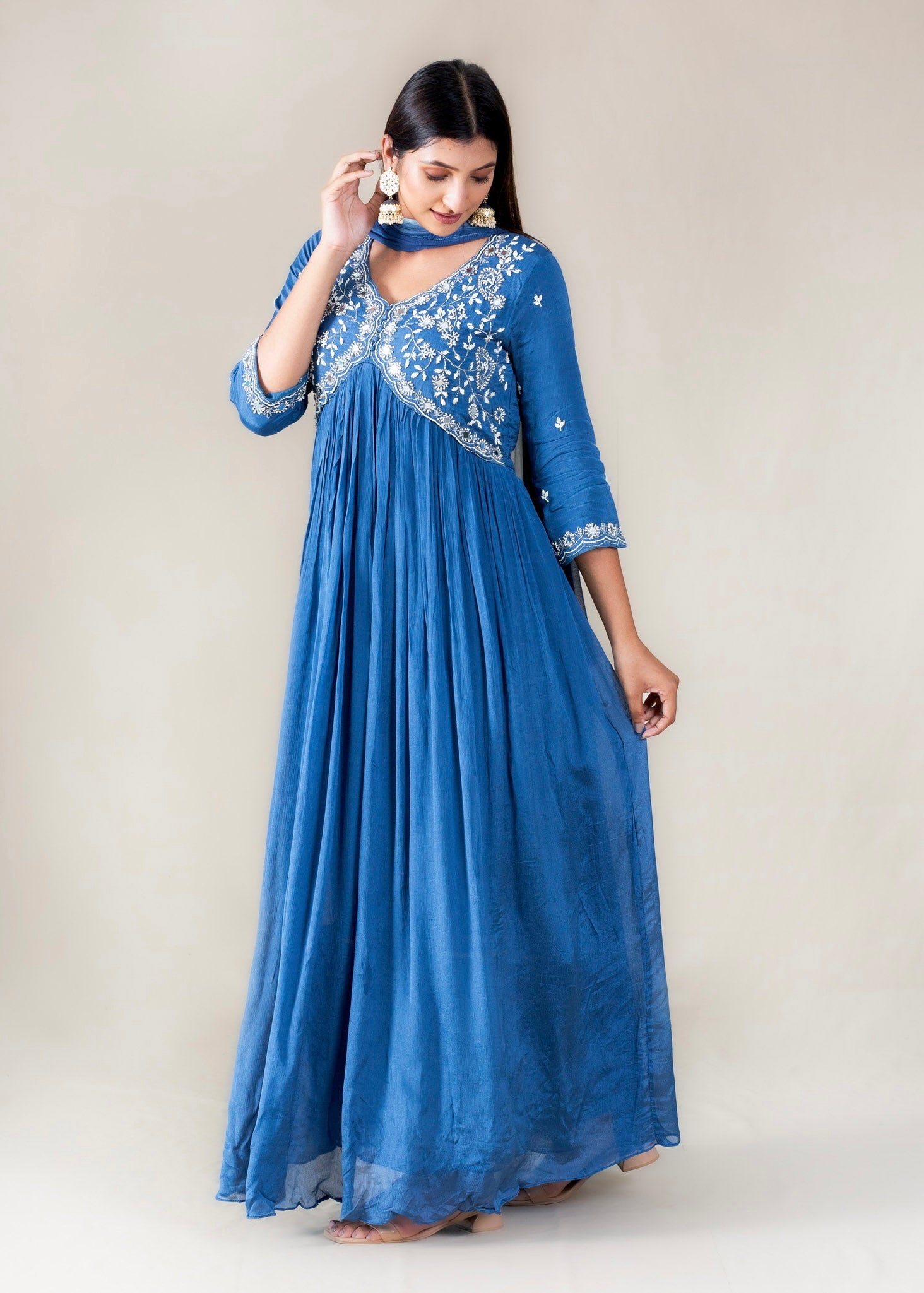 Blue Embroidered Anarkali Gown Suit in Chinon Fabric