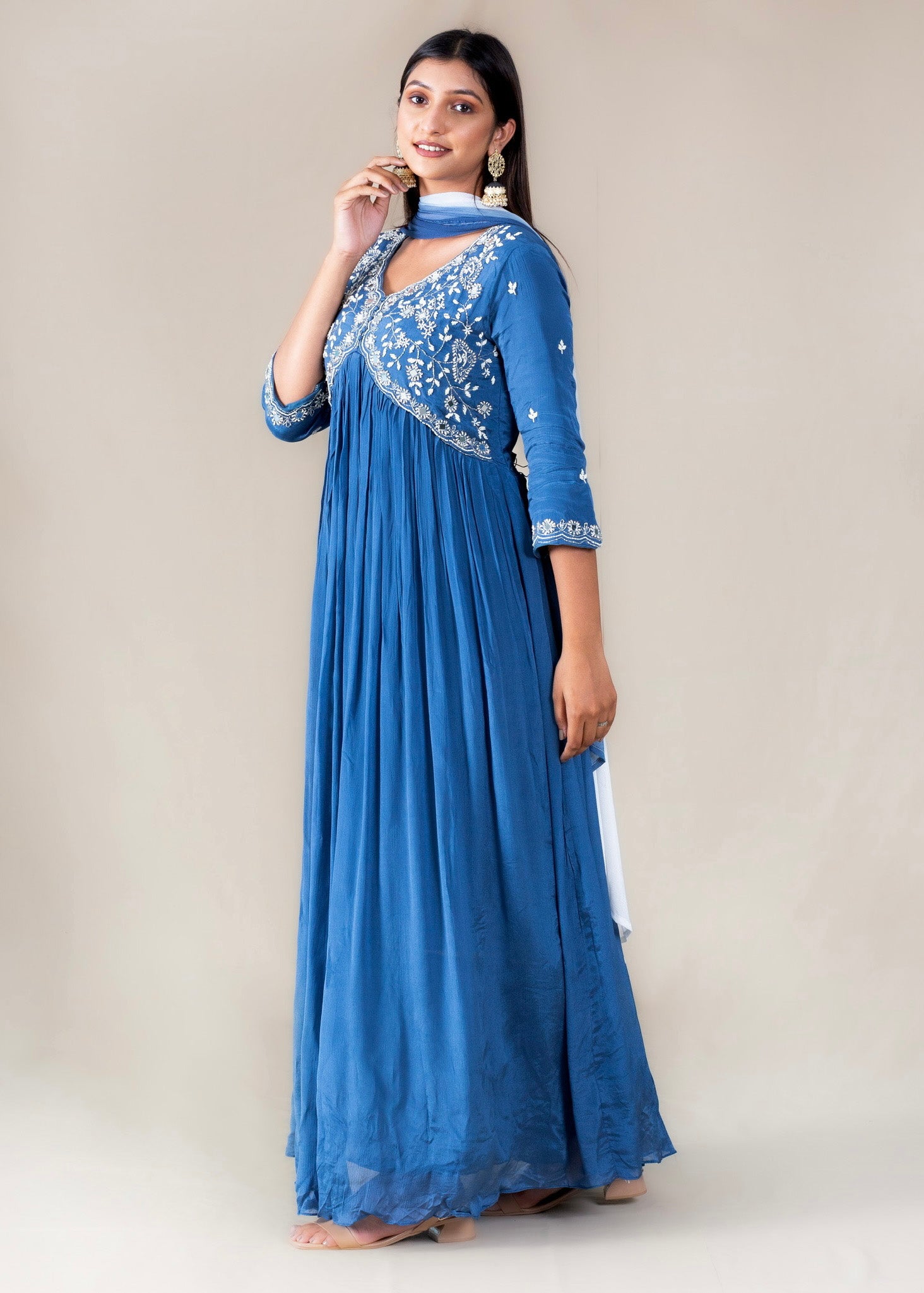 Blue Embroidered Anarkali Gown Suit in Chinon Fabric