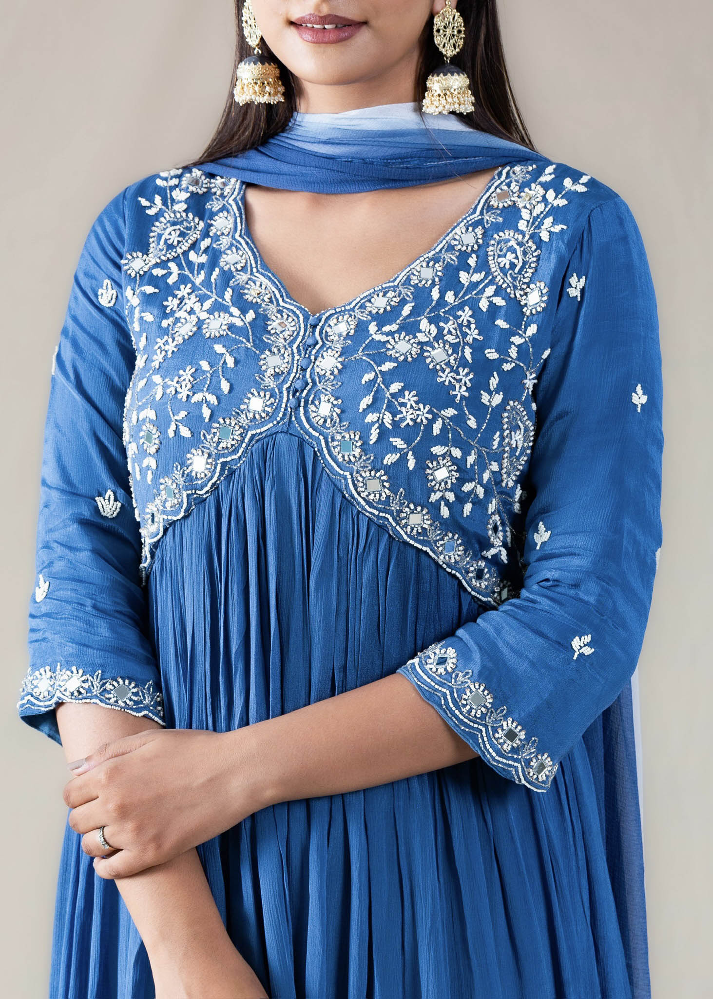 Blue Embroidered Anarkali Gown Suit in Chinon Fabric