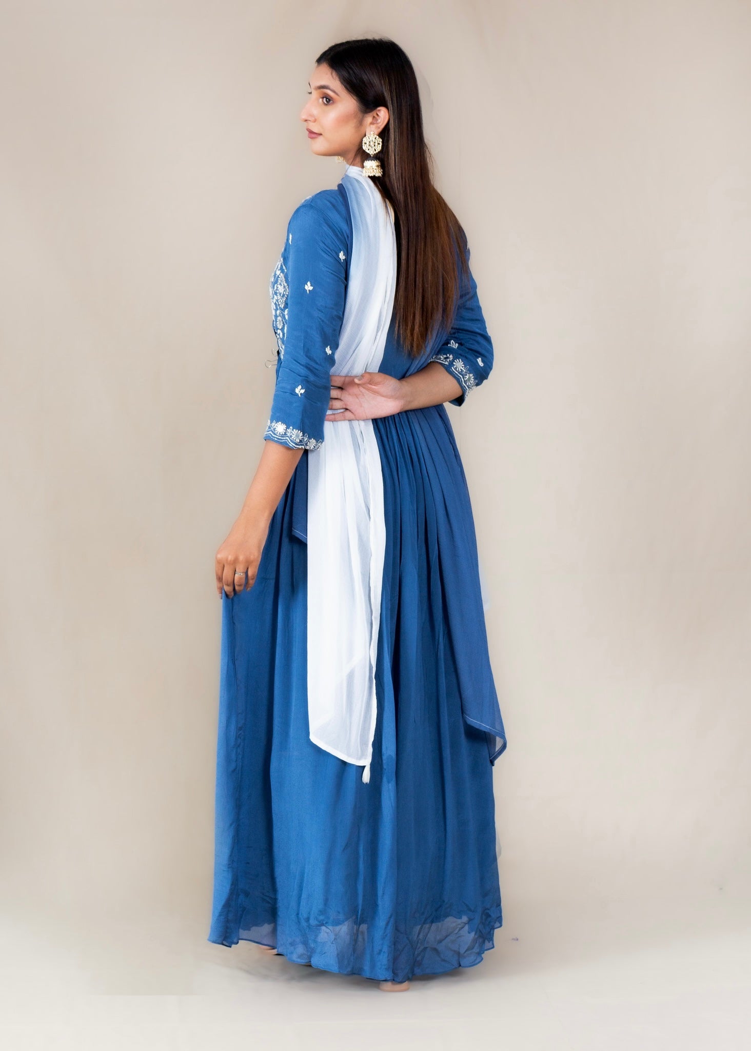 Blue Embroidered Anarkali Gown Suit in Chinon Fabric