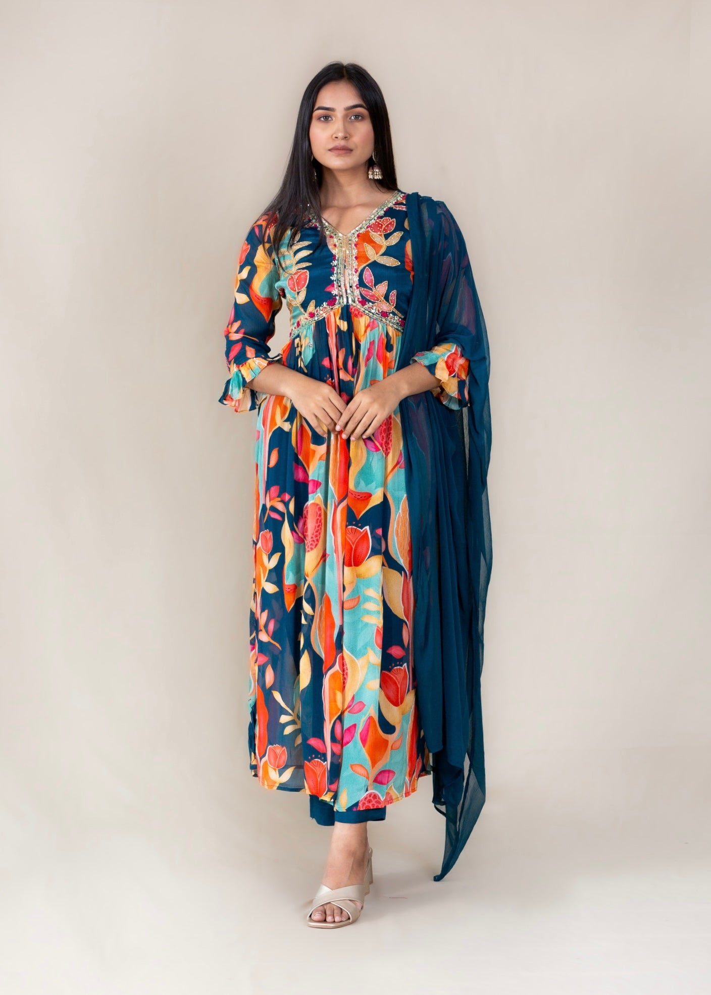 Blue Printed Chinon Kurta with Pant and Dupatta