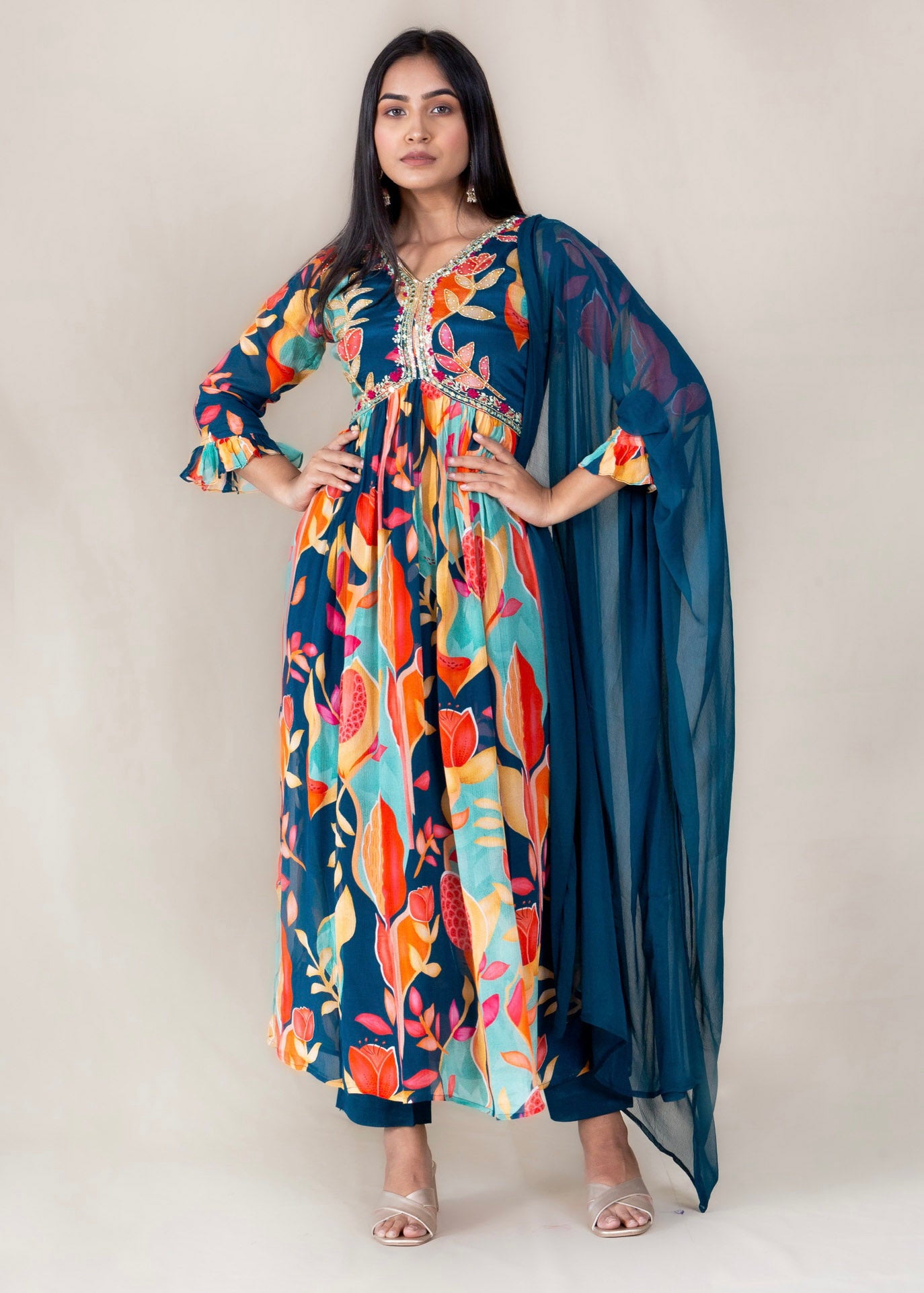 Blue Printed Chinon Kurta with Pant and Dupatta