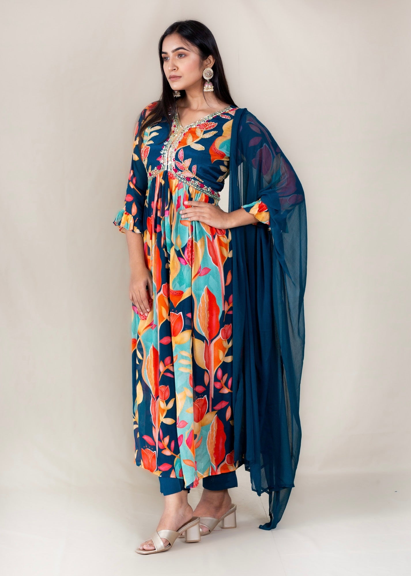 Blue Printed Chinon Kurta with Pant and Dupatta